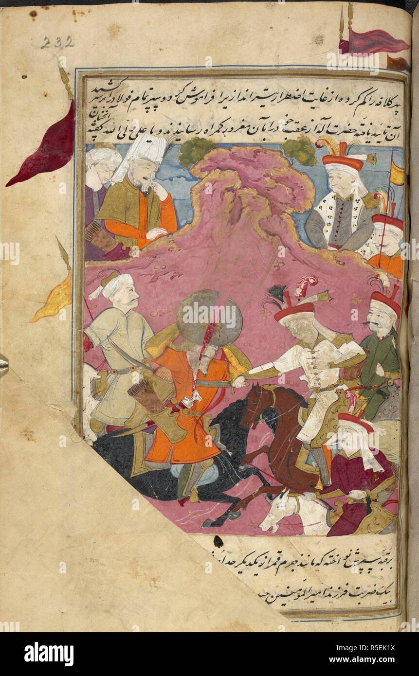 Shah Isma'il's Sufi troops wearing Qizilbash hats fighting the Sunnis watched by Abu'l-Khayr Khan. History of Shah Isma'il. Isfahan, Iran, c.1650. A miniature painting from a seventeenth century manuscript giving a history of Shah Isma'il Safavi.   . Source: Or. 3248, f.232. Language: Persian. Stock Photo