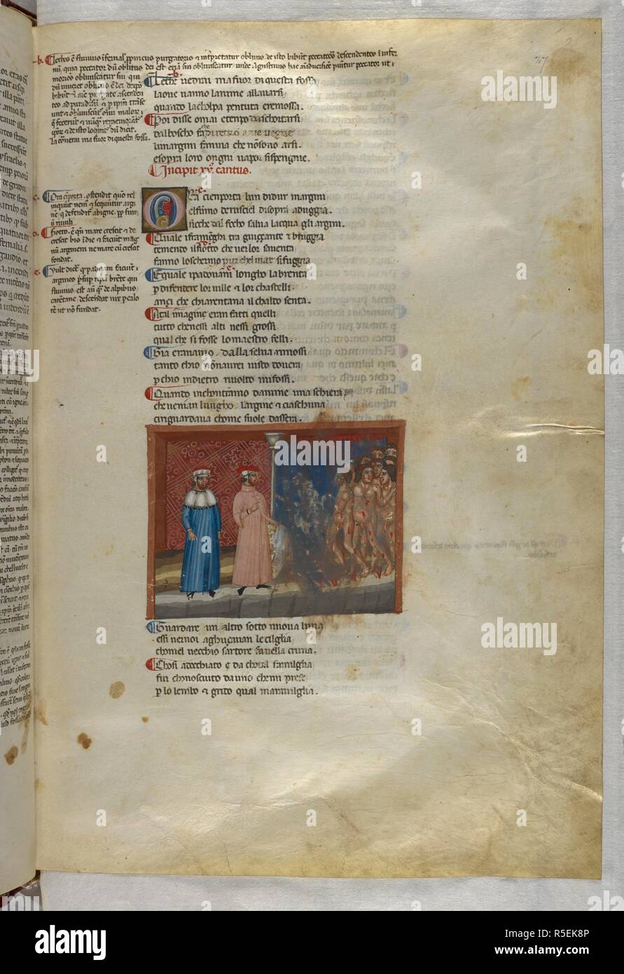 Inferno: Brunetto Latini (partially erased) and the Sodomites. Dante Alighieri, Divina Commedia ( The Divine Comedy ), with a commentary in Latin. 1st half of the 14th century. Source: Egerton 943, f.27. Language: Italian, Latin. Stock Photo