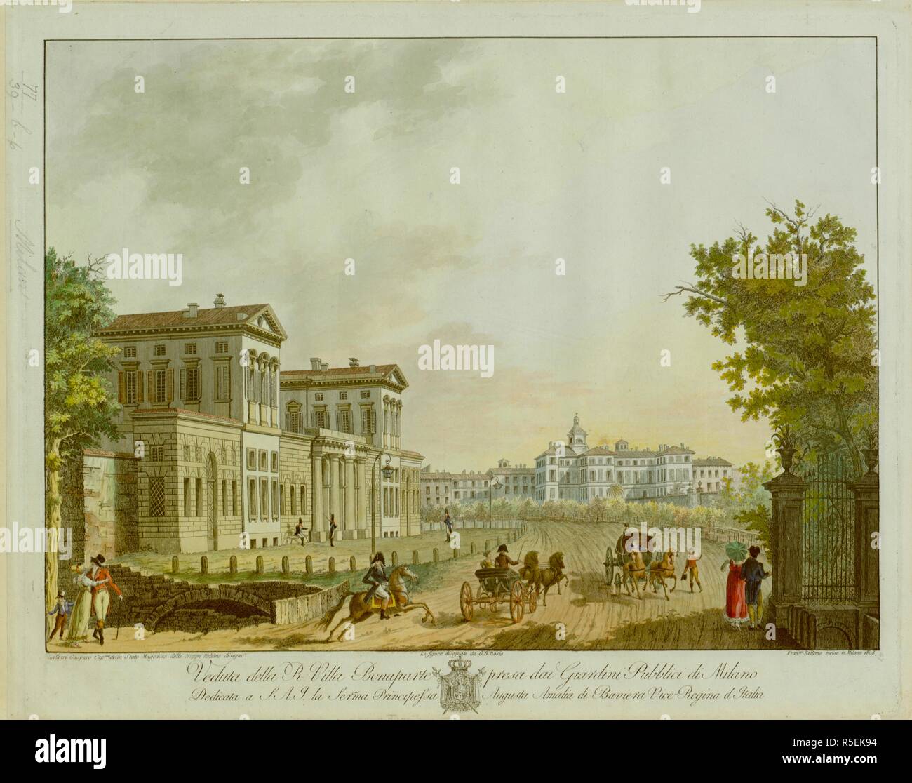 A family and a couple promenade along a road outside the gates of a park in the foreground. An officer on horseback and two carriages riding before the main entrance to the palace of EugÃ¨ne de Beauharnais guarded by three soldiers in the background. Veduta della R. Villa Bonaparte presa dai Giardini Pubblici di Milano : Dedicata a S.A.I. la Serma Principessa Augusta Amalia di Baviera Vice Regina d'Italia. [Milan] : [publisher not identified], [1808]. Source: Maps K.Top.77.39.b.6. Language: Italian. Stock Photo
