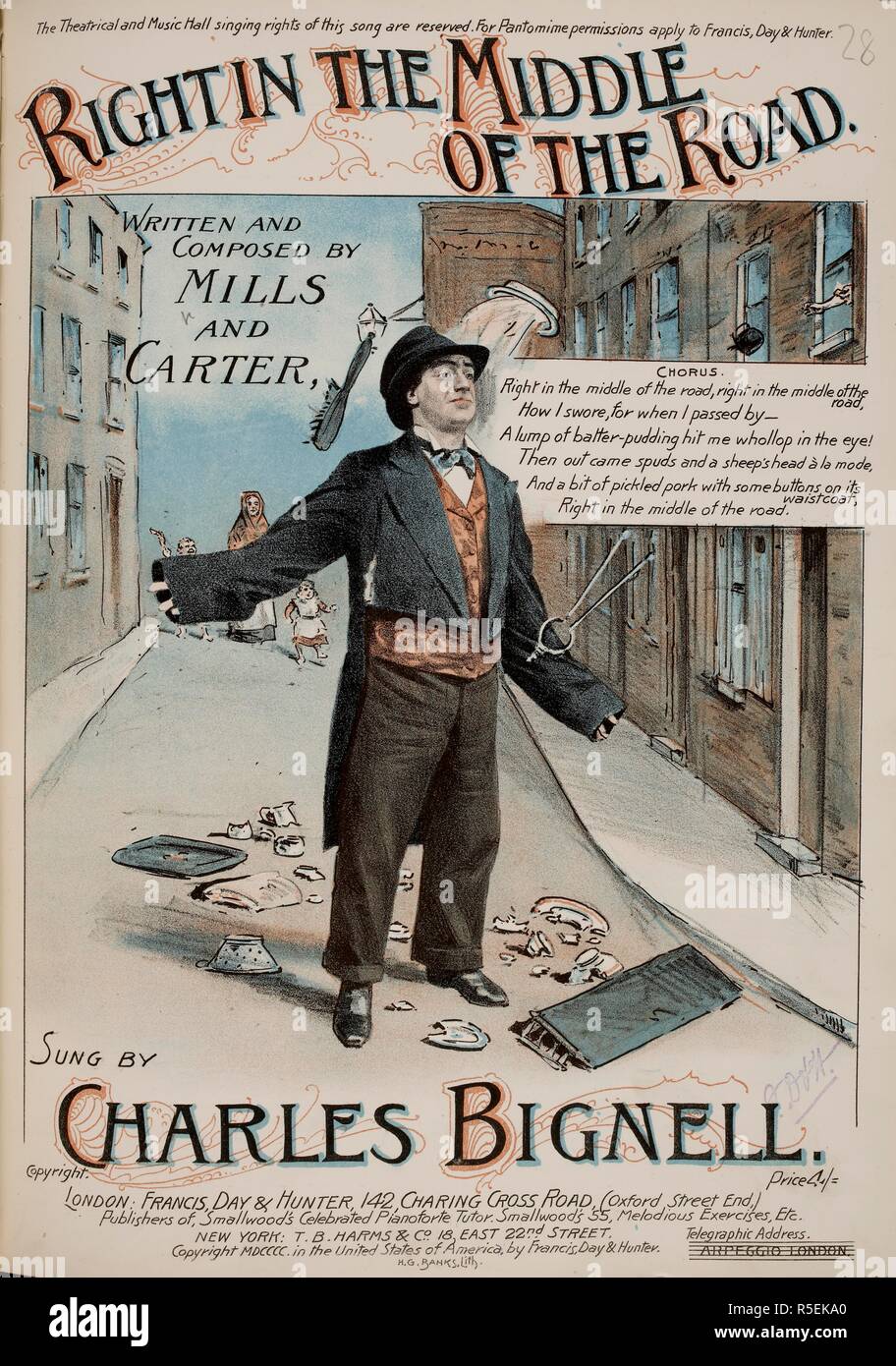 Music cover. A man singing in the street. Right in the Middle of the Road, etc. <Song.> [With separate voice part.]. London : Francis, Day & Hunter, [1900]. Source: H.3985.uu.(28.). Author: Mills & Carter. Stock Photo
