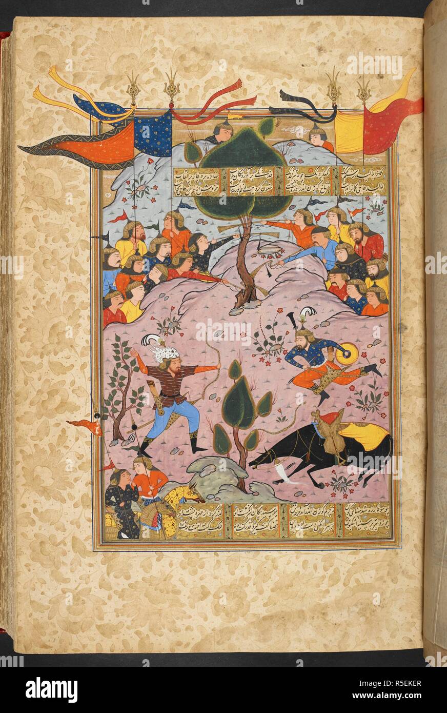 Combat of Rustam and Ashkabus. Shahnama of Firdawsi, with 56 miniatures. 1580 - 1600. Source: I.O. ISLAMIC 3540, f.166. Language: Persian. Author: FIRDAWSI. ANON. Stock Photo