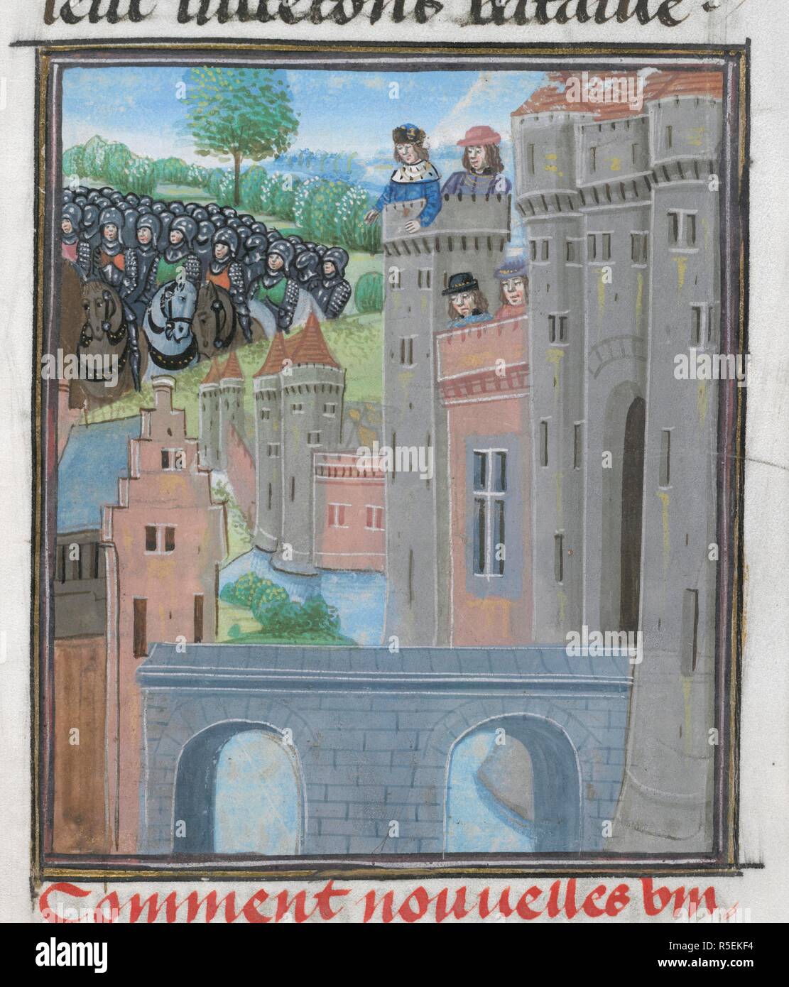 Richard II in Flint Castle. Chroniques de France et d'Angleterre, Book IV. S. Netherlands; circa 1460-1480. (Miniature only) King Richard II deserted by his army in Flint Castle, with the army of Henry Bolingbroke, (the future King Henry IV), approaching in the distance, 1399.  Image taken from Chroniques de France et d'Angleterre, Book IV.  Originally published/produced in S. Netherlands; circa 1460-1480. . Source: Royal 18 E. II, f.393. Language: French. Stock Photo