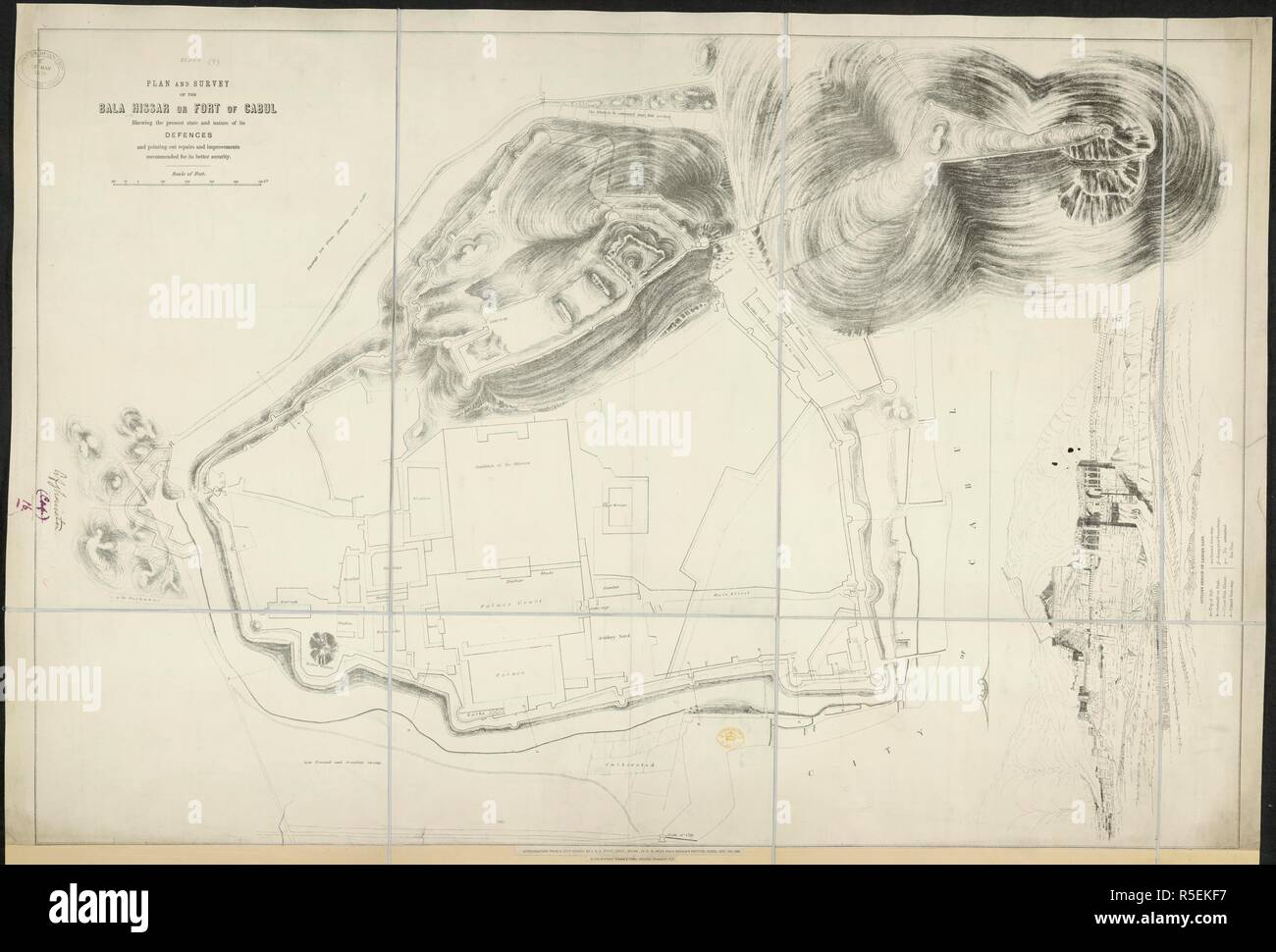 Bala Hissar. Plan and Survey of the Bala Hissar or Fort of Cabu. Calcutta : Surveyor General's Office, 1878. Plan and Survey of the Bala Hissar or Fort of Cabul.  Image taken from Plan and Survey of the Bala Hissar or Fort of Cabul, shewing the present state and nature of its Defences, and pointing out repairs and improvements recommended for its better security. Lithographed from a copy 1839. Scale of feet, 500[= 100 mm].  Originally published/produced in Calcutta : Surveyor General's Office, 1878. . Source: Maps.52000.(9),. Language: English. Stock Photo