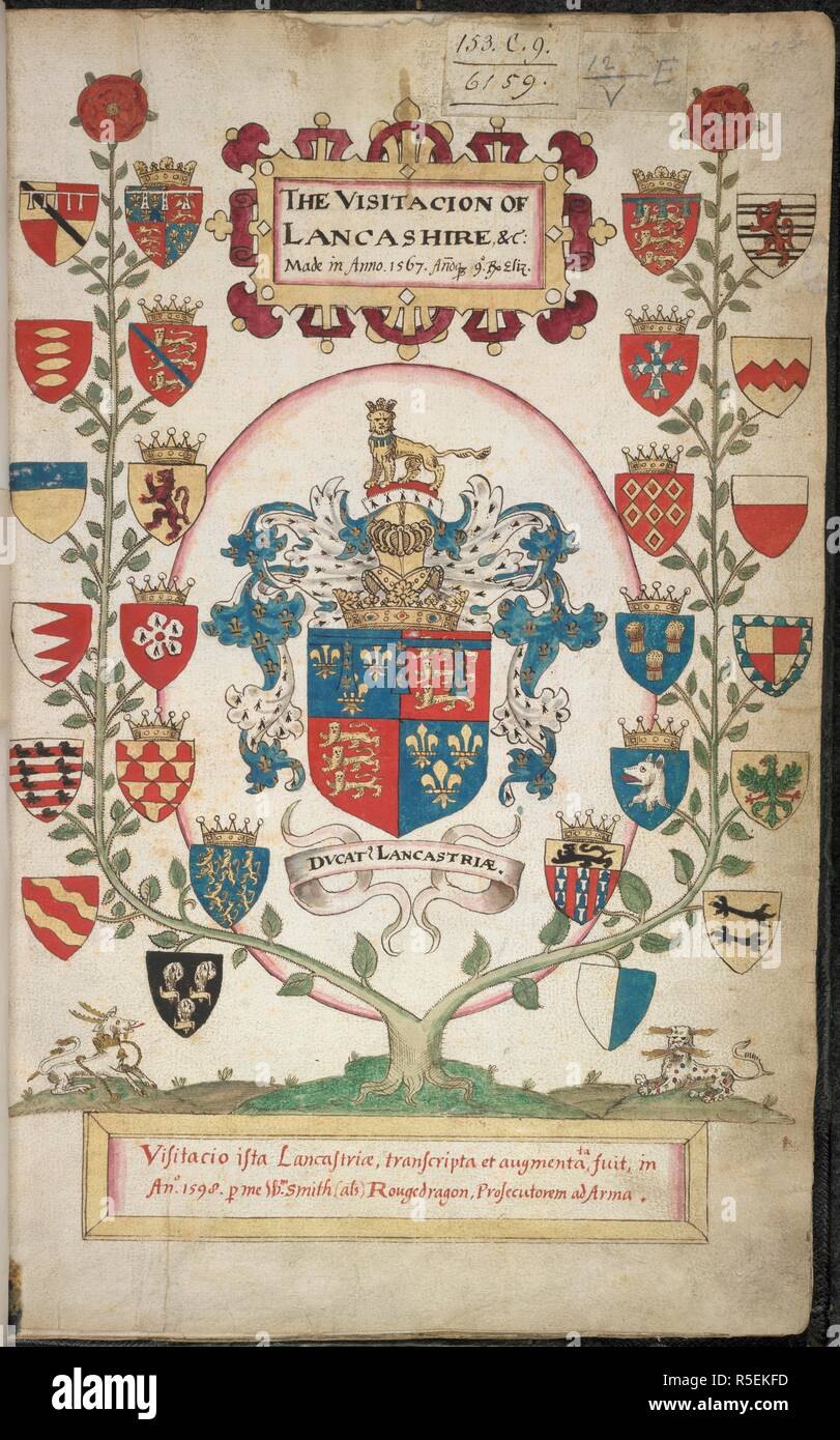Title page decorated with a coloured drawing of an armorial tree with the arms of Lancashire noble families centred around those of the duchy of Lancaster. 'The Visitacion of Lancashire' (unfinished). England; 1598. Source: Harley 6159, f.2*. Language: English. Author: SMITH, WILLIAM. Stock Photo