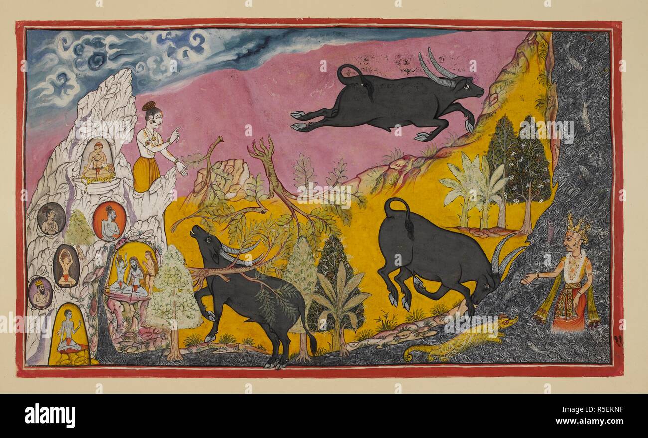 SugrÄ«va then tells RÄma and Laká¹£maá¹‡a how powerful his brother BÄli is and how difficult it will be to defeat him. He tells the story of BÄli and the demon Dundubhi, who had assumed the form of a buffalo. The demon is shown rampaging about uprooting trees, seeking someone to challenge. On the right, he challenges Varuá¹‡a, the king of the Ocean, rising crowned from the waves, who tells him he should be challenging the mountain Himavat. On the left, he challenges Himavat, who stands on a crag of the white Himalaya which is studded with caves containing ascetics, and from which the Gaá¹…g Stock Photo