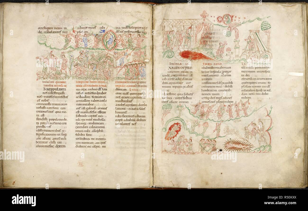 Drawings illustrating the Psalms. Psalter, in the Roman version, imperfect, ending in Psalm 143 (the 'Harley Psalter'). England, S. E. (Canterbury); 1st half of the 11th century. Source: Harley 603, ff.32v-33. Language: Latin. Stock Photo