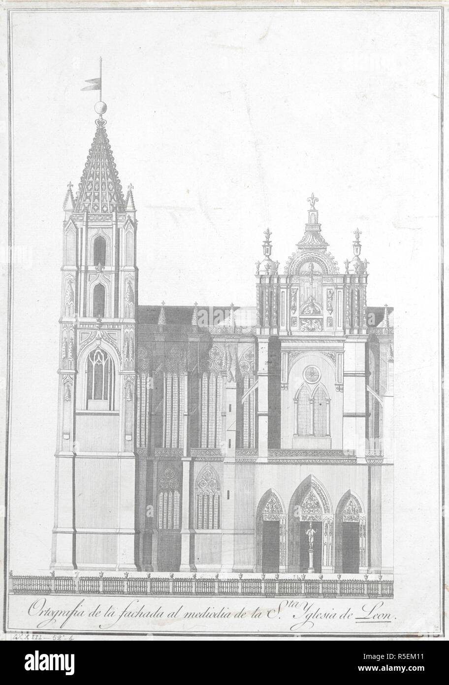 A vertical section of LeÃ³n Cathedral seen from the west, with three portals (San Juan Bautista, Virgen Blanca, and San Francisco) under a Gothic rose window between two square towers. Ortografia de la fachada principal de la Santa Yglesia de Leon. [Madrid] : [Blas RomÃ¡n], [around 1790]. Source: Maps K.Top.73.52.b. Language: Spanish. Stock Photo