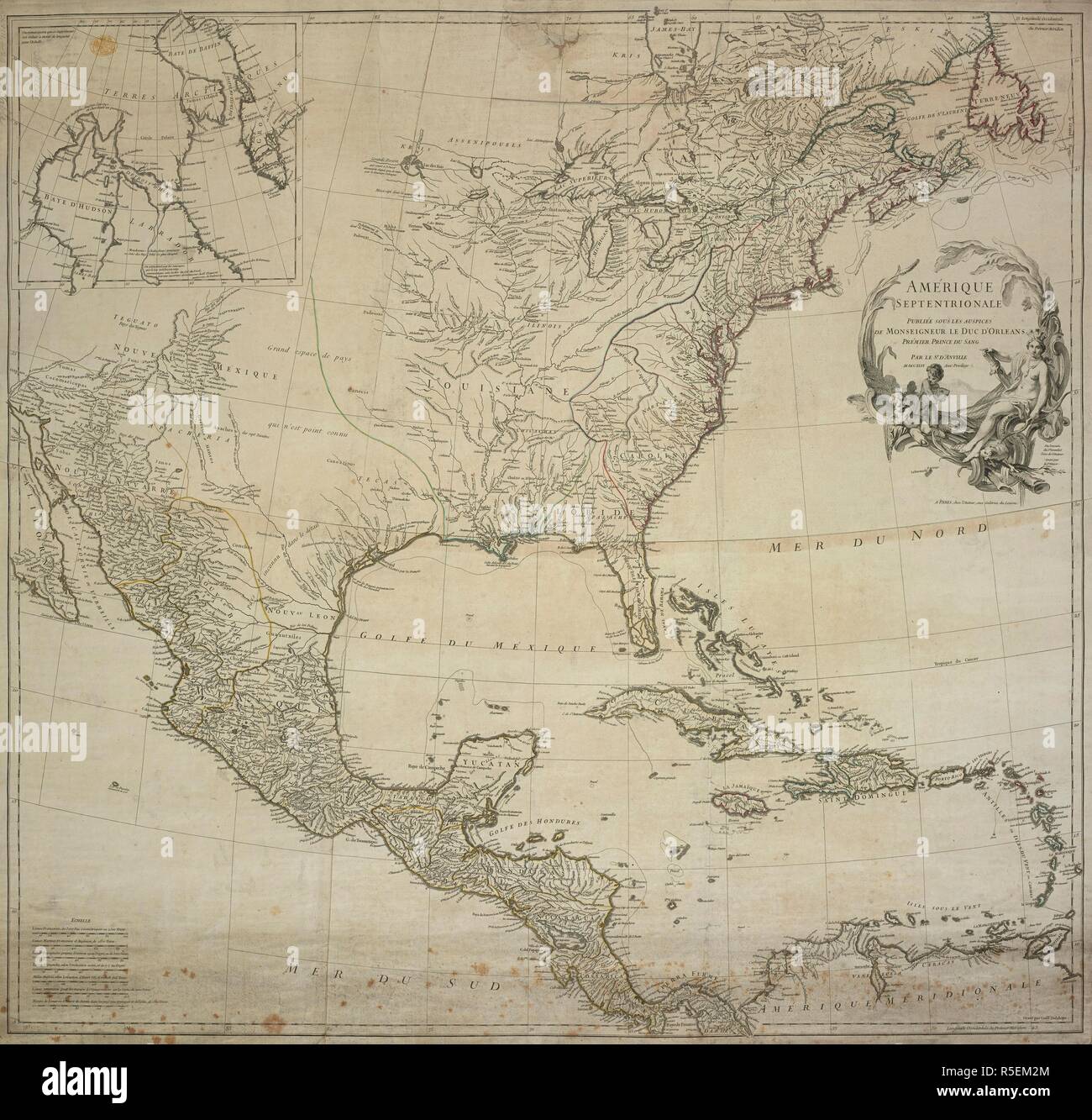 A map of North America. A map of Hudson Bay and Baffin's Bay inset at upper left. AMÃ‰RIQUE SEPTENTRIONALE : PUBLIÃ‰E SOUS LES AUSPICES DE MONSEIGNEUR LE DUC D'ORLEANS PRÃ‰MIER PRINCE DU SANG. A PARIS : chez l'Auteur, aux Galeries du Louvre, [1746.]. Source: Maps K.Top.118.29.2 TAB. Language: French. Author: D'ANVILLE. Stock Photo