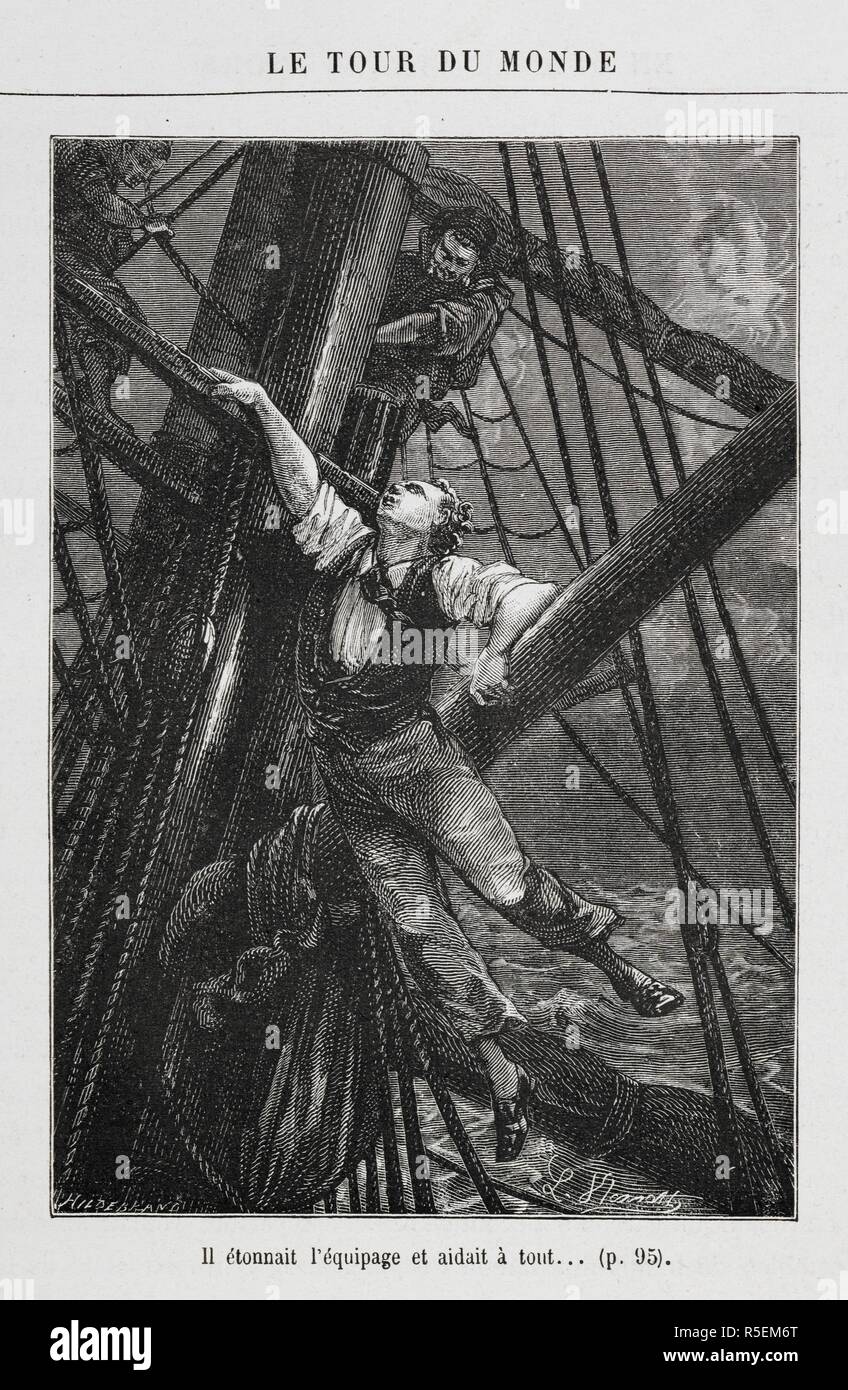 Passepartout climbing the mast of a ship. Illustration to the novel, 'Around the World in Eighty Days'. [Le Tour du Monde en quatre-vingts jours. [A novel.] (HuitieÌ€me eÌdition.)] [Around the World in 80 Days]. Paris, [1873]. Source: 12514.l.18 page 96. Language: French. Author: VERNE, JULES. De Neuville, M. M. Stock Photo