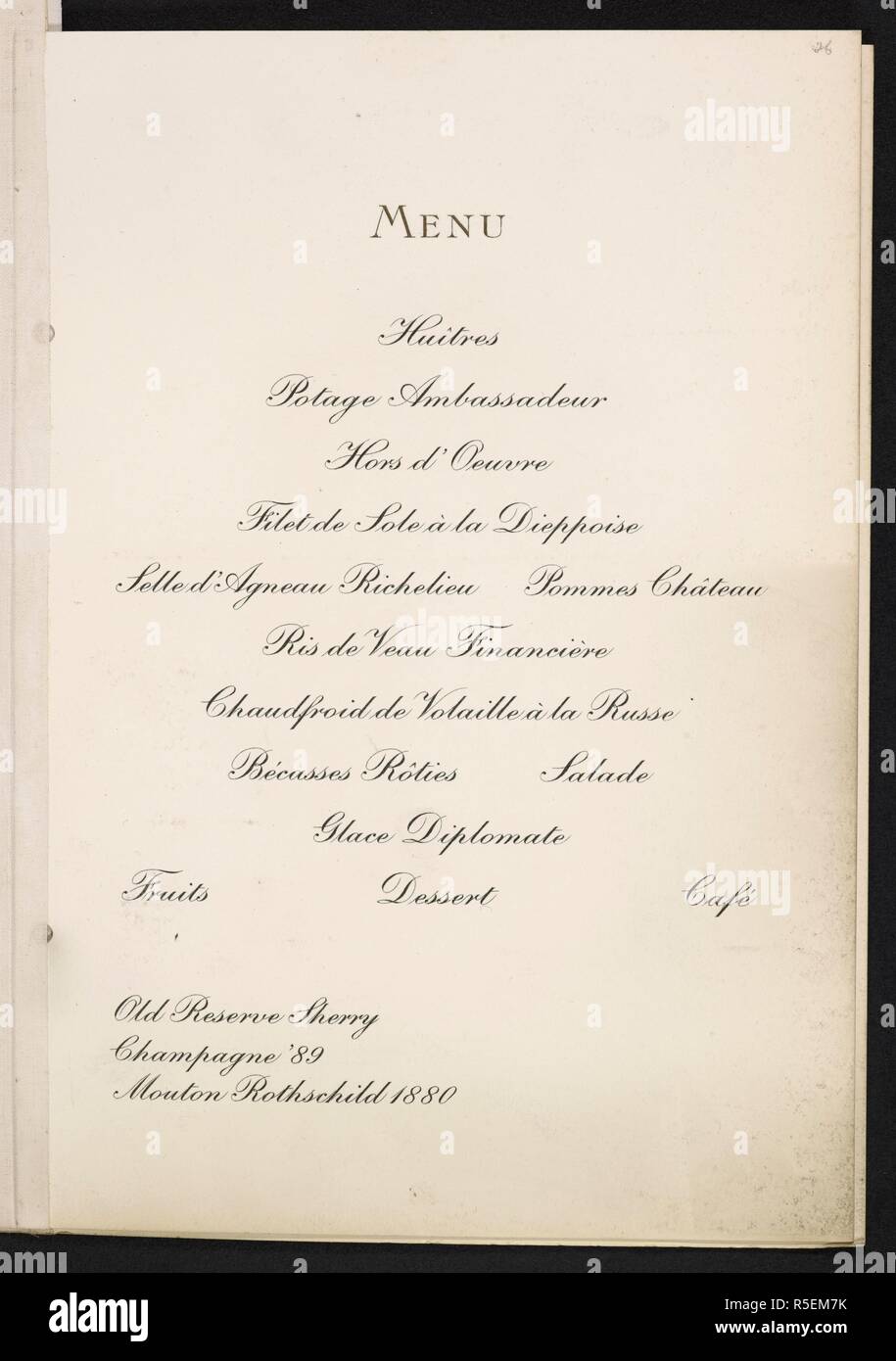 A menu for a dinner (for) to his excellency Jules Gambon, Ambassador of France to the United States by Mr Chauncey M. Depew and Mr. James H. Hyde. Sherry's. November 15th, 1902. . [A collection of menu cards of dinners and reports of celebrations in the United States of America in the years 1890-1904, formed by Miss F. E. Buttolph. Bound in three volumes.]. [1890-1904.]. See also file N10002-81. Source: C.120.f.2 volume 4 no.26. Language: English. Stock Photo