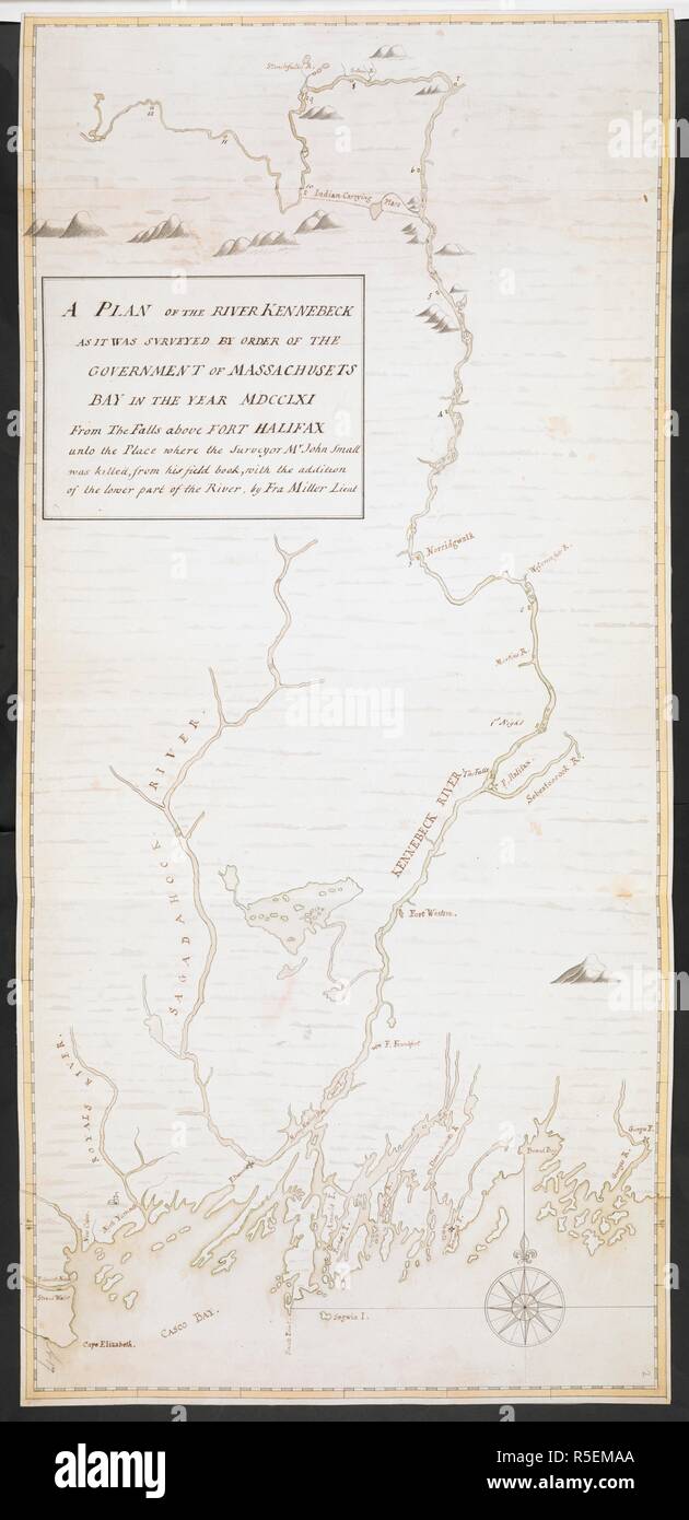 A plan of the River Kennebeck as it was surveyed by order of the Government of Massachusets Bay in the year MDCCLXI from the falls above Halifax unto the place where the surveyor John Small was killed, from his field book, with the addition of lower part of river by Fra. Miller, Lieut.'.       . R.U.S.I. MAPS. Vol. LXXVI (1-13). 57711 (1-4). Places in states North-East of New York. 18th century. No scale given. 850 x 395mm. Source: Add. 57711.2 Amherst no. A 17. R.U.S.I. no. A 30.85. Stock Photo