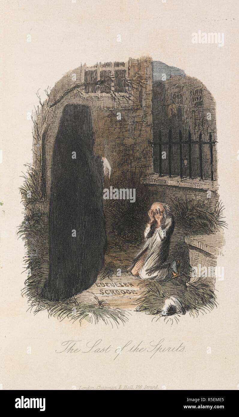 The last of the spirits.' Ebenezer Scrooge kneeling before the 'ghost