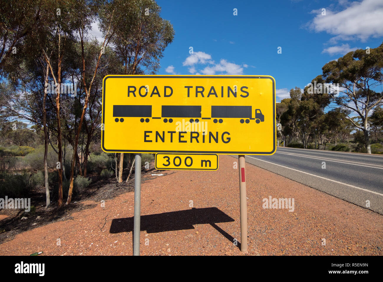 A Road Train warning sign in rural Western Australia. Stock Photo