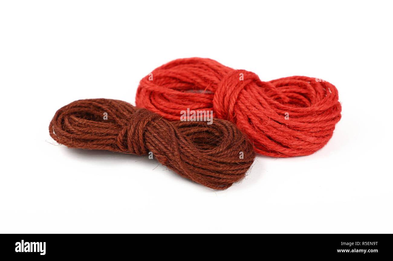 One big coil skein of natural brown twine hessian burlap jute rope isolated  on white background, close up, elevated top view, high angle, directly abo  Stock Photo - Alamy
