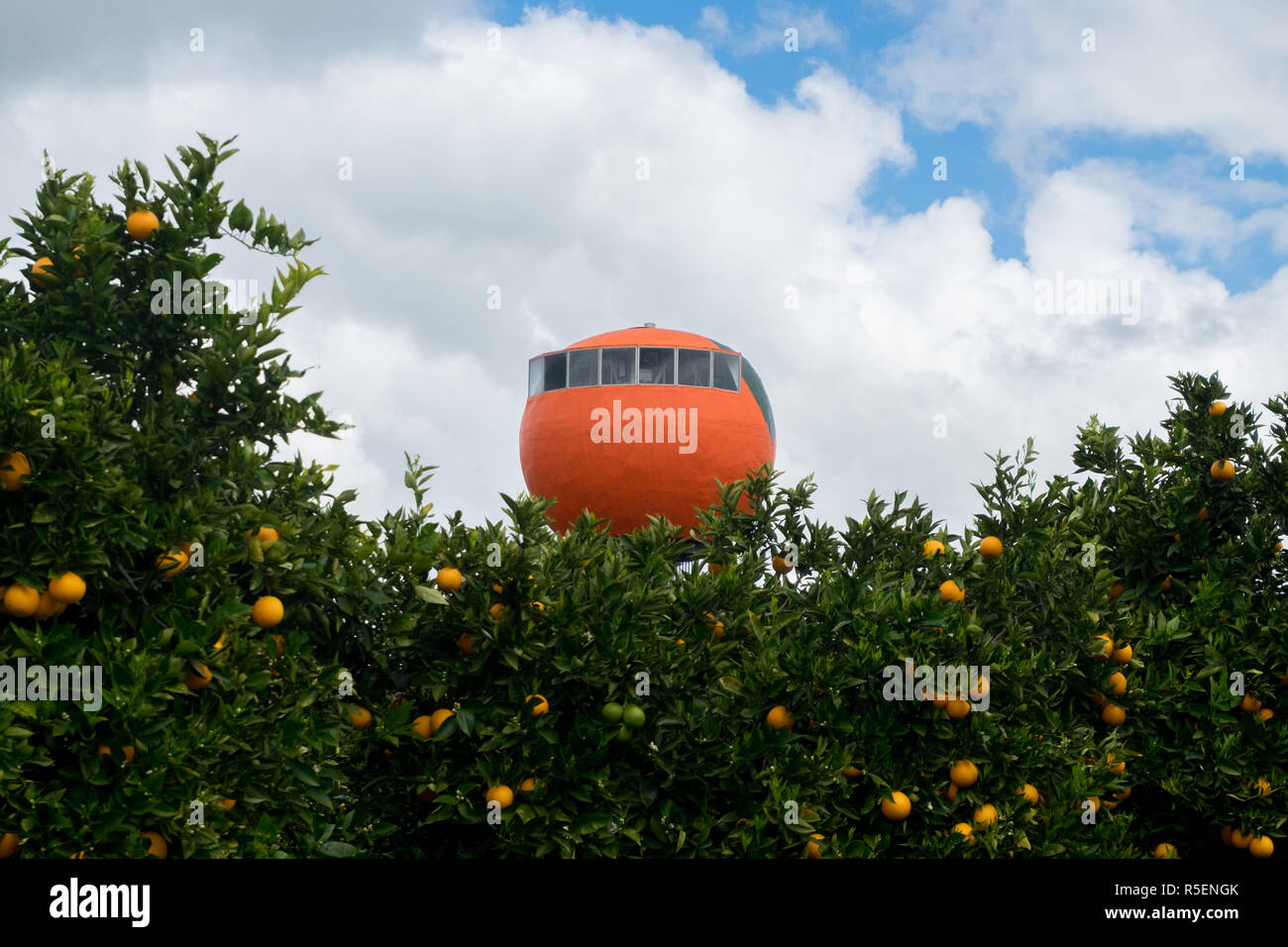 The Big Orange in Harvey, Western Australia. The tower is about three stories tall and overlooks an orange grove. Stock Photo