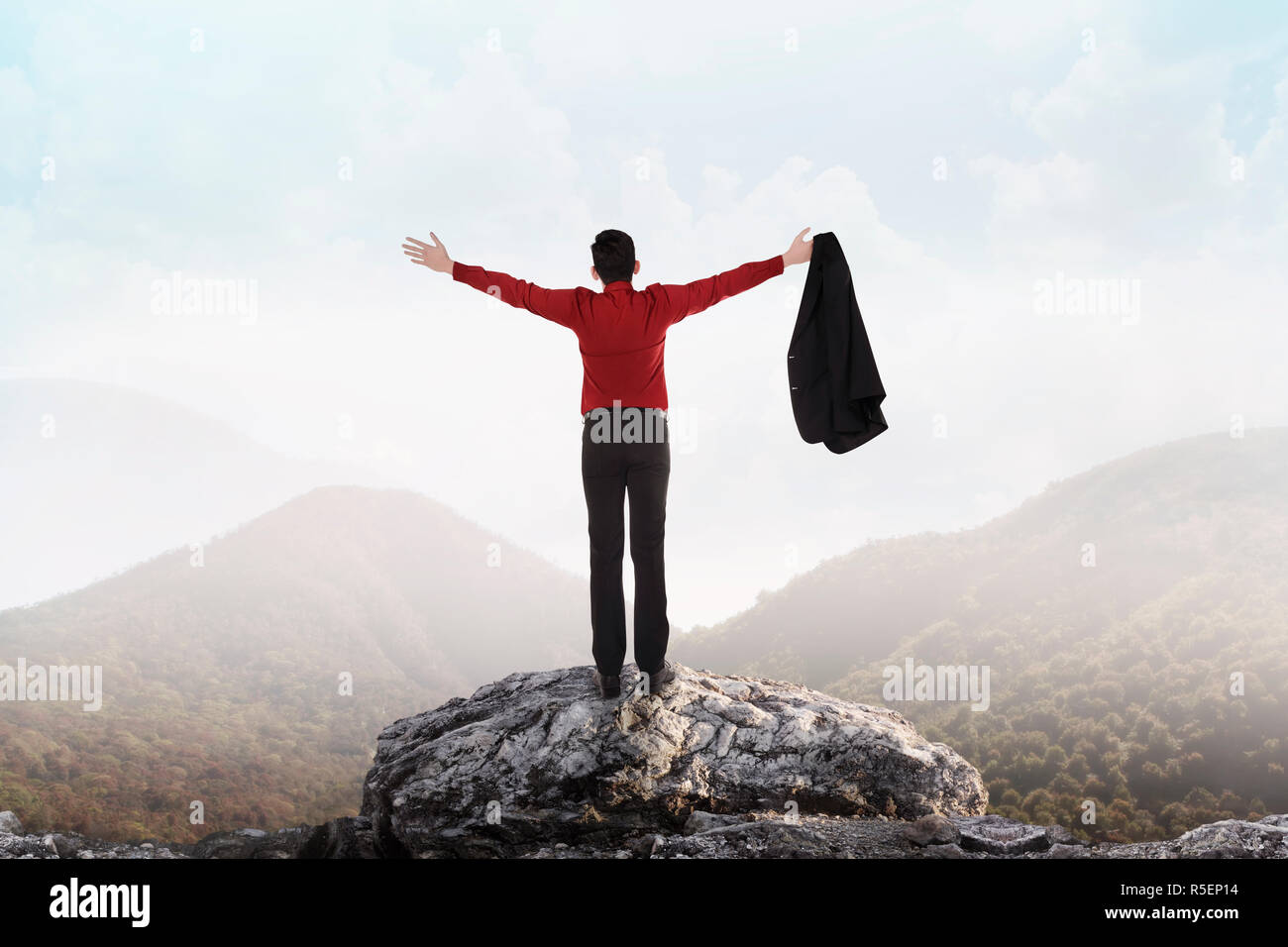 Business man standing on the top of mountain Stock Photo - Alamy
