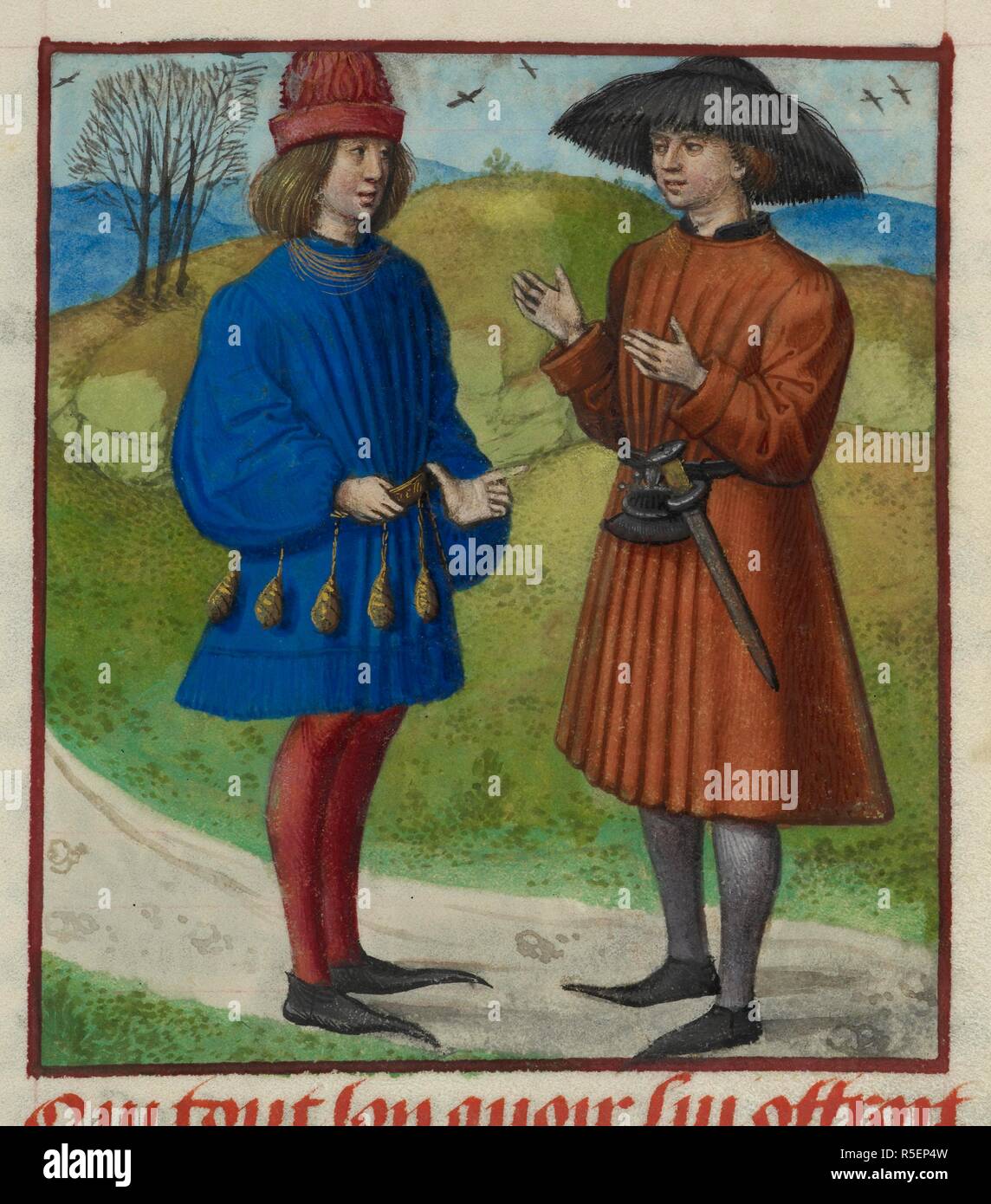 Miniature of the Lover talking to l'Ami (the Friend). Roman de la Rose. Netherlands, S. (Bruges). c. 1490-c. 1500. Source: Harley 4425 f.74. Language: French. Author: MEUN, JEAN DE. Stock Photo