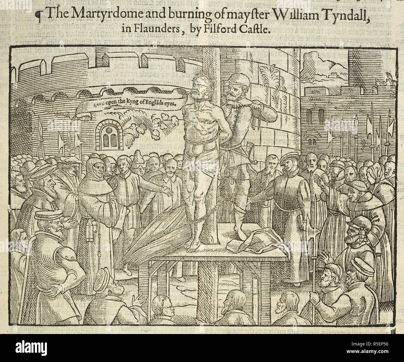 The martydome and burning of martyr William Tyndale ...'. In 1535, Tyndale was arrested and jailed in the castle of Vilvoorde (Filford). In 1536 he was convicted of heresy and executed by strangulation, after which his body was burnt at the stake. Actes and monuments of these latter and perillous dayes ... [ Foxe's Book of Martyrs]. London, 1583. Source: 4824.k.3 page 1079. Author: FOXE, JOHN. Stock Photo
