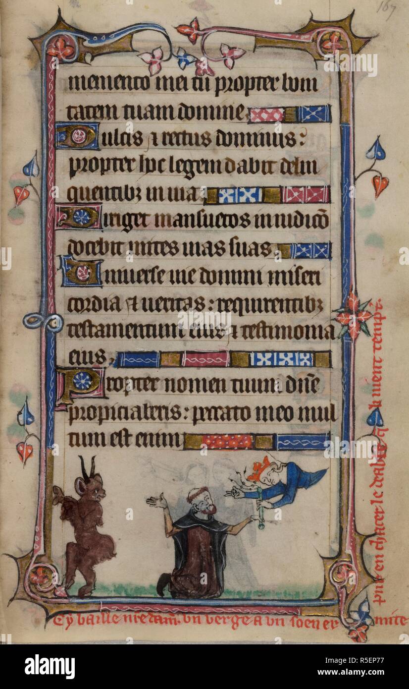 Bas-de-page scene of the Virgin Mary giving a scourge to a kneeling hermit, while a devil flees, with a caption reading, â€˜Cy baile n[ost]re dame un verge a un soen ermite pur enchacer le deable q[ue] li vient tempt[er]â€™ . Book of Hours, Use of Sarum ('The Taymouth Hours'). England, S. E.? (London?); 2nd quarter of the 14th century. Source: Yates Thompson 13, f.167. Language: Latin and French. Stock Photo