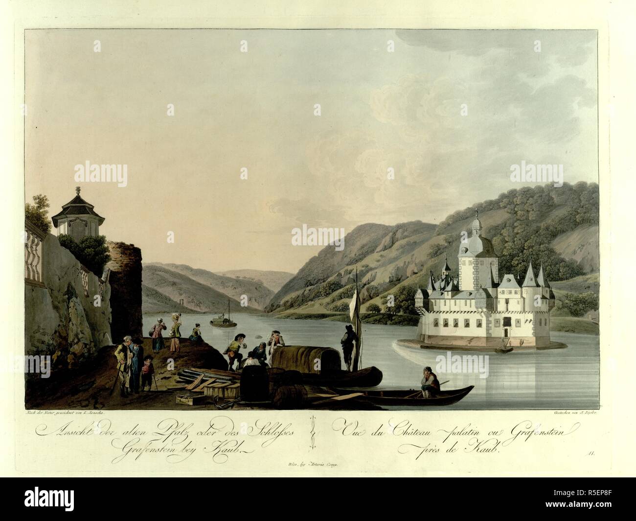 A group of sailors smoke and rest surrounded by barrels and crates on two boats moored by a walled garden in the town of Kaub in the foreground on the left. A view of Pfalzgrafenstein Castle on Falkenau Island on the right, and the River Rhine and hills in the background. Ansicht der alten Pfalz oder des Schlosses Grafenstein bey Kaub = Vue du ChÃ¢teau palatin ou Grafenstein prÃ¨s de Kaub. Wien : bey Artaria Comp., [1798]. hand-coloured etching. Source: Maps 6.Tab.12, plate 16. Language: German and French. Author: Ziegler, J. Stock Photo