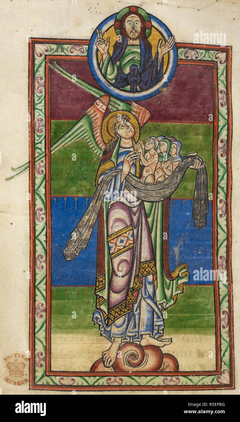 St. Michael holds souls in a cloth for the Last Judgement, illustrating the prayers to St. Michael. Shaftesbury Psalter. England [West Country]; circa 1130-1140. Source: Lansdowne 383, f.168v. Language: Latin with French. Stock Photo