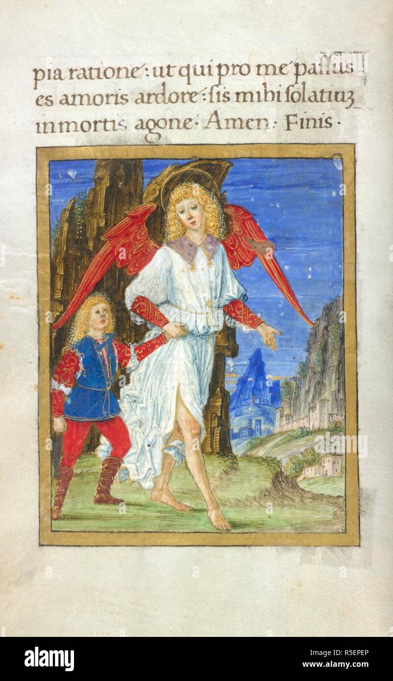 Francesco Sforza and angel. Hours of Francesco Sforza. Italy [Milan]; between 1491 and 1494. [Miniature] Suffrages of the Saints. Francesco Sforza with his guardian angel in a landscape. Produced for Francesco Maria, son of Duke Gian Galeazzo Sforza of Milan  Image taken from Hours of Francesco Sforza.  Originally published/produced in Italy [Milan]; between 1491 and 1494. . Source: Add. 63493, f.112v. Language: Latin. Stock Photo