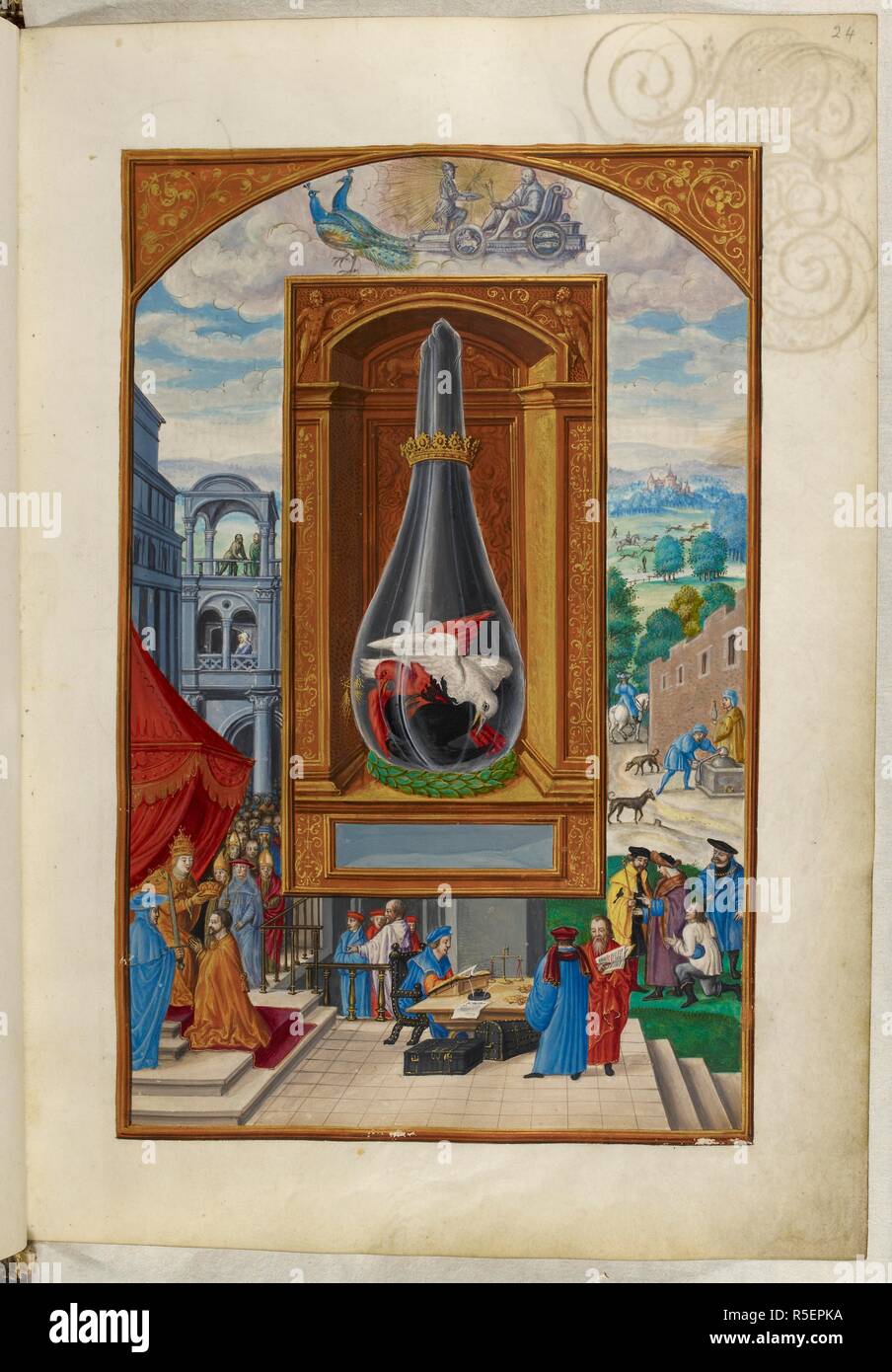 Illustration of the Fourth Treatise: three birds fighting in a glass  vessel; outside the niche, the Pope bestows a crown and money is counted. Splendor  Solis. Germany, 1582. (Whole folio) Illustration of