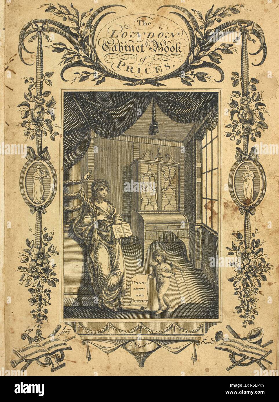 Two figures; a cherub holding a banner which 'Unanimity with The cabinet-makers book of prices, and designs cabinet-work in perspective, on twenty copper plates... London: sold at the
