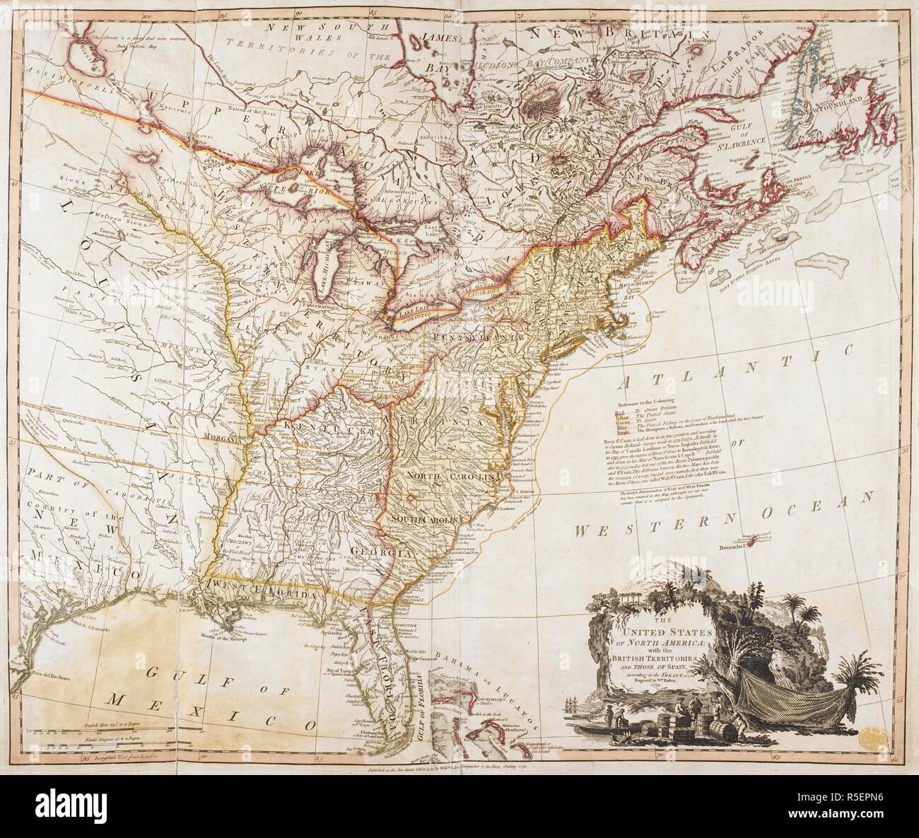 An 18th century map of the United States of America, with the British and Spanish territories. The United States of North America. With the British & Spanish Territories according to the Treaty. Engrav'd by Wm. Faden. 1793. Source: Maps K.Top.120.2. Author: Faden, William. Stock Photo