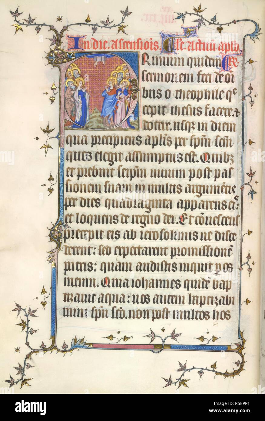 Historiated initial 'P'(rimum) of the Ascension, at the reading for Ascension Day, with partial bar borders. Epistolary of the Sainte-Chapelle, Use of Paris. France, Central (Paris); 2nd or 3rd quarter of the 14th century. Source: Yates Thompson 34, f.99v. Language: Latin. Stock Photo