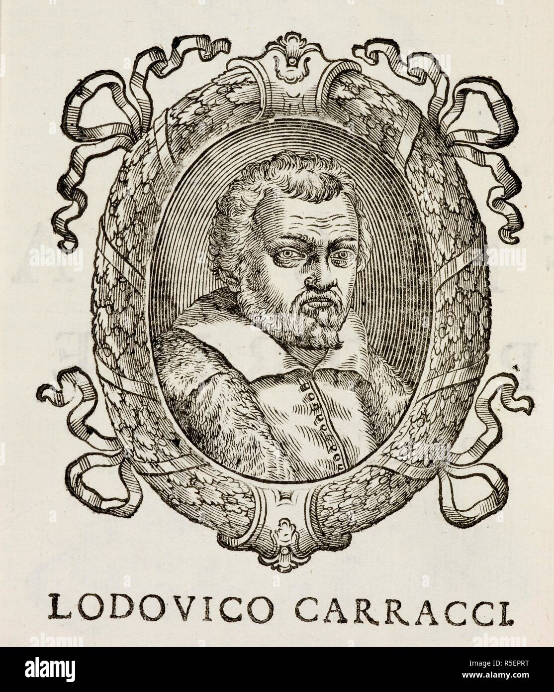 Portrait of Lodovico Carracci (1555-1619). Italian early-Baroque painter, etcher, and printmaker . Felsina Pittrice. Vite de Pittori Bolognesi, etc. Bologna, 1678. Source: 680.e.13, page 354. Stock Photo