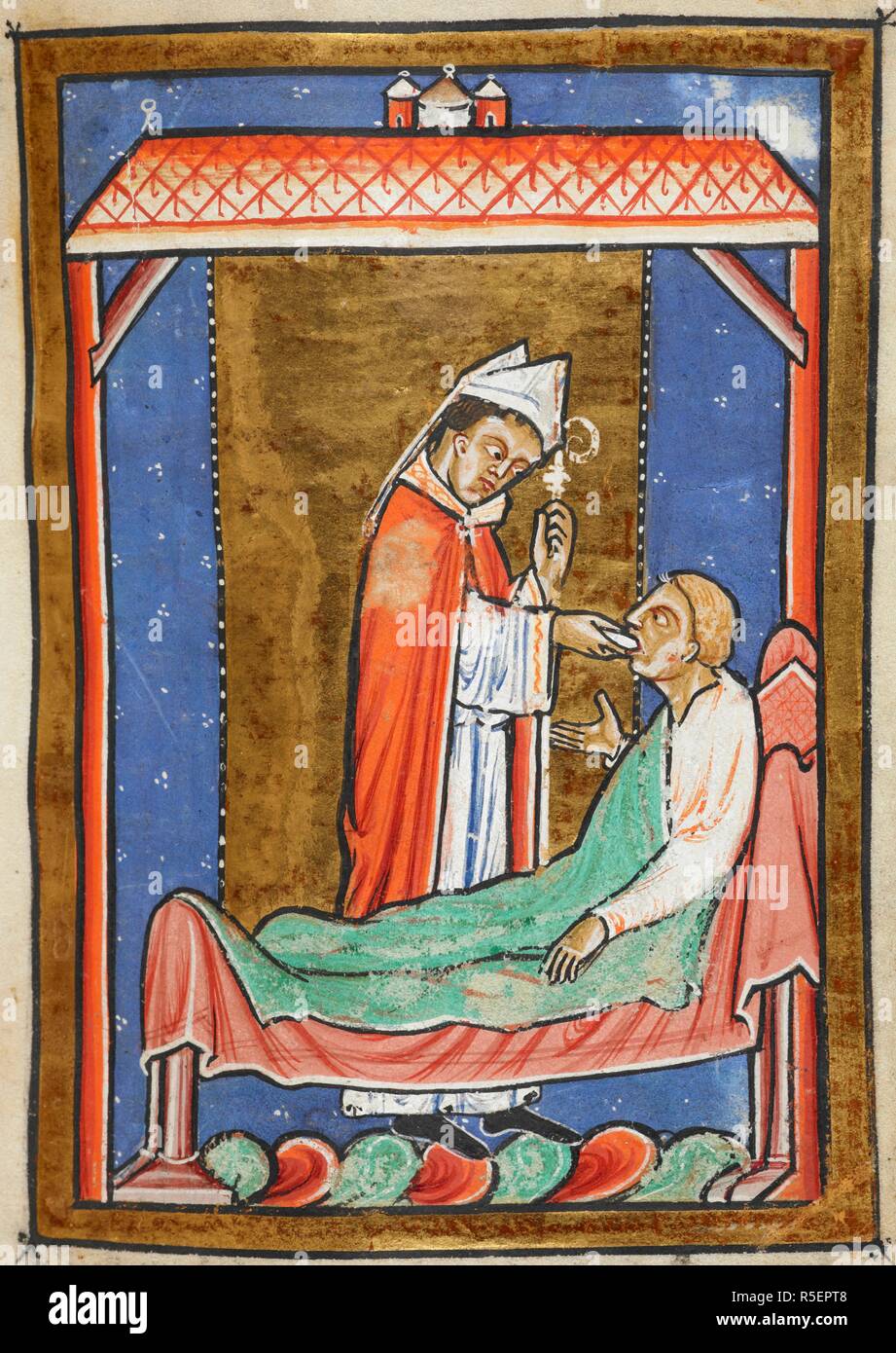 Miniature of Cuthbert healing an ill man, Hildemer the prefect, with
