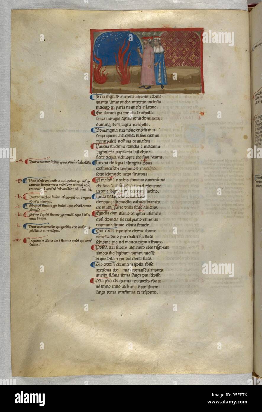 Inferno: Dante speaking to the false counsellor, Guido de Montefeltro, in the flames. Dante Alighieri, Divina Commedia ( The Divine Comedy ), with a commentary in Latin. 1st half of the 14th century. Source: Egerton 943, f.48v. Language: Italian, Latin. Stock Photo