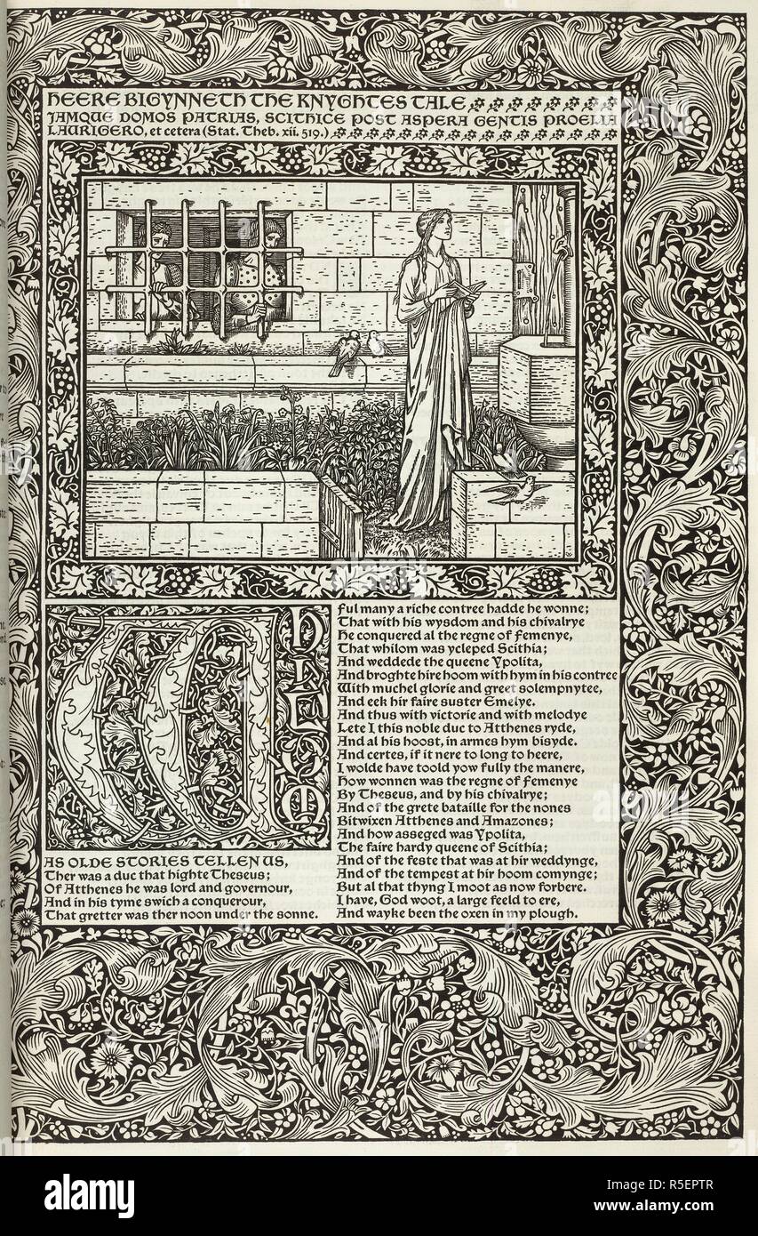 The Knight's tale. The Works of Geoffrey Chaucer now newly imprinted. Kelmscott Press: Hammersmith, 1896. The beginning of the Knight's tale.  Image taken from The Works of Geoffrey Chaucer now newly imprinted. (Edited by F. S. Ellis; ornamented with pictures designed by Sir Edward Burne-Jones, and engraved on wood by W. H. Hooper.).  Originally published/produced in Kelmscott Press: Hammersmith, 1896. . Source: C.43.h.19, opposite 8. Language: English. Stock Photo
