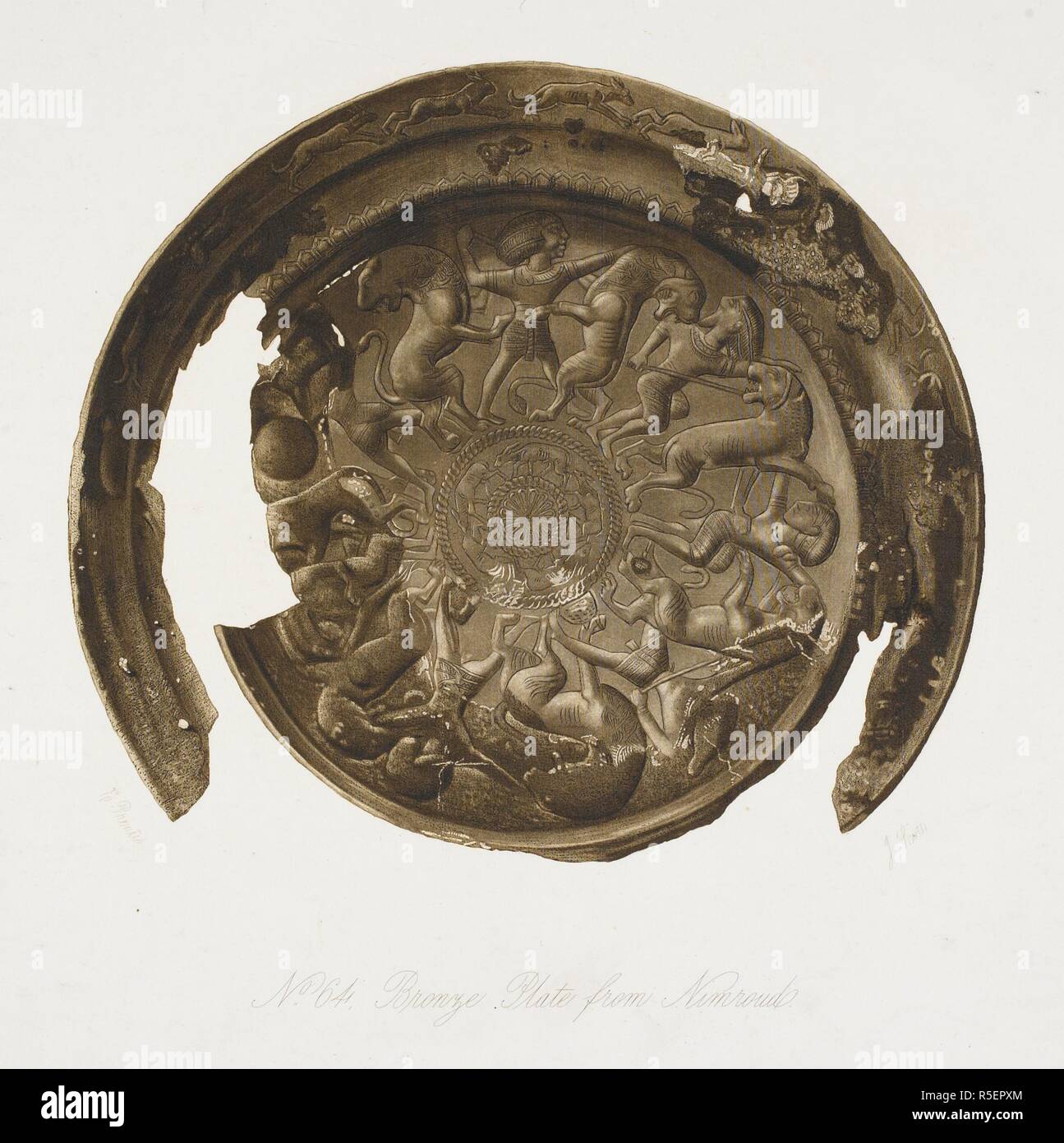 Bronze plate from Nimroud [Nimrud].  . A second series of the Monuments of Nineveh ... from drawings made on the spot, during a second expedition to Assyria. London, 1853. Source: Cup.648.c.2 plate 64. Author: Layard, Right Hon. Sir Austen. Stock Photo