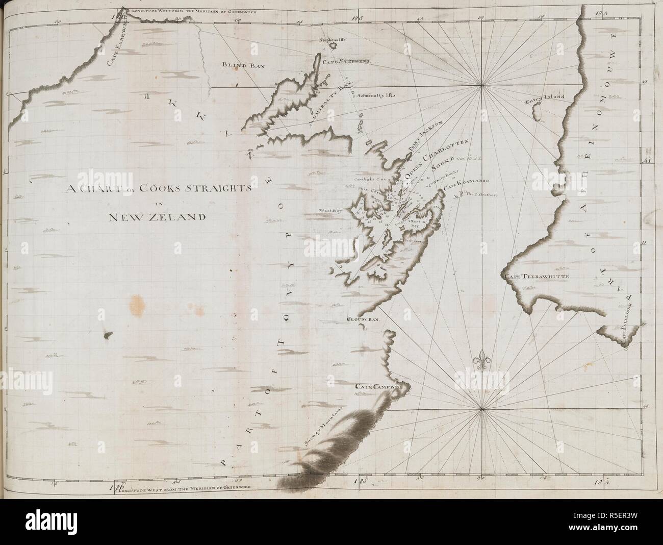 A chart of Cook's Straits, in New Zealand; drawn by Lieut. James Cook, on a large scale. Charts, Plans, Views, and Drawings taken on board the Endeavour during Captain Cook's First Voyage, 1768-1771. 1770. Ms. 2 f. 3 1/2 in. x 1 f. 7 1/2 in.; 70 x 50 cm. Source: Add. 7085, No.30. Stock Photo