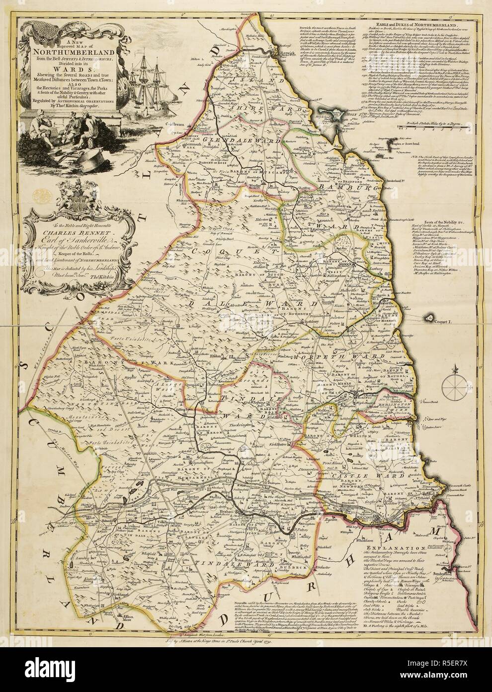 A map of Northumberland. A new and improved Map of Northumberland. London, 1750. Source: Maps K.Top.32.41. Language: English. Author: THOMAS KITCHIN. Stock Photo