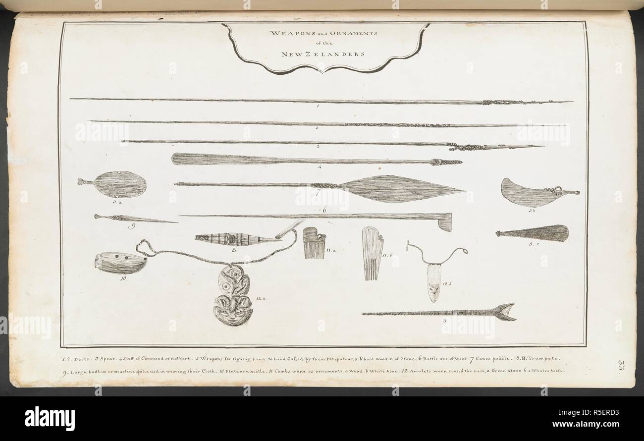 Weapons and ornaments of the New Zelanders (Zealanders.). Charts, Plans, Views, and Drawings taken on board the Endeavour during Captain Cook's First Voyage, 1768-1771. 1786-1771. Source: Add. 7085, No.33. Stock Photo