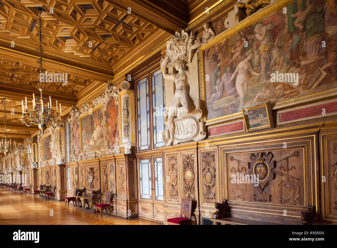 France, Ile-de-France, Fontainebleau, Chateau de Fontainebleau, Francois I Gallery Stock Photo
