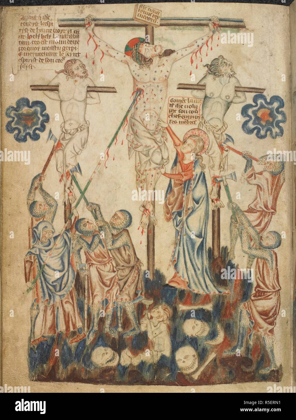 The Crucifixion: Christ's loins are covered by the Virgin Mary, his blood is collected in a chalice by a woman rising from her grave, and the two thieves on either side of Christ have their legs broken by soldiers. Holkham Bible Picture Book. England, circa 1320-1330. Source: Add. 47682, f.32v. Stock Photo