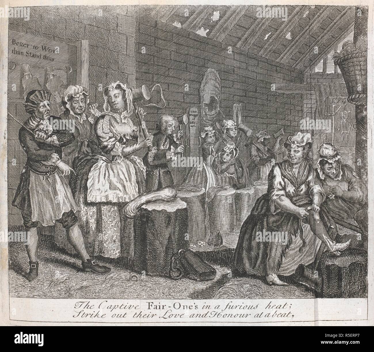 Scene 4: She and her maid are send to Bridewell and set at hard labour. . The Lure of Venus: or, a Harlot's progress. An heroi-comical poem. In six cantos ... Founded upon Mr. Hogarth's six paintings; and illustrated with prints of them. London, 1733. 'The captive Fair-One's in a furious heat; Strike out their Love and Honour at a beat,'. Source: 11661.b.27. Plate IV. Author: HOGARTH, WILLIAM. Breval, John Durant. Stock Photo