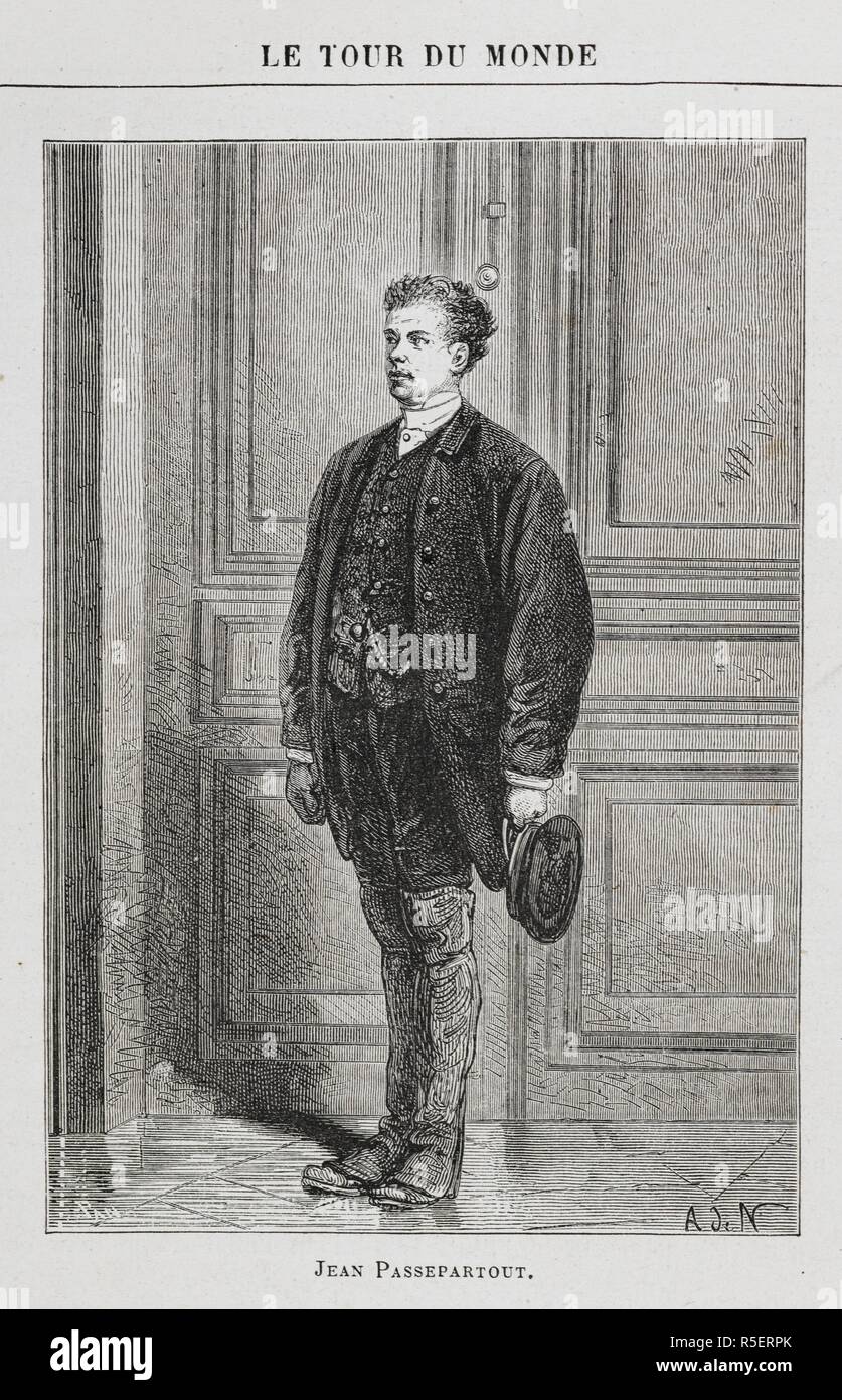 The French valet, Jean Passepartout. A character in the novel 'Around the World in Eighty Days'. [Le Tour du Monde en quatre-vingts jours. [A novel.] (HuitieÌ€me eÌdition.)] [Around the World in 80 Days]. Paris, [1873]. Source: 12514.l.18. Stock Photo