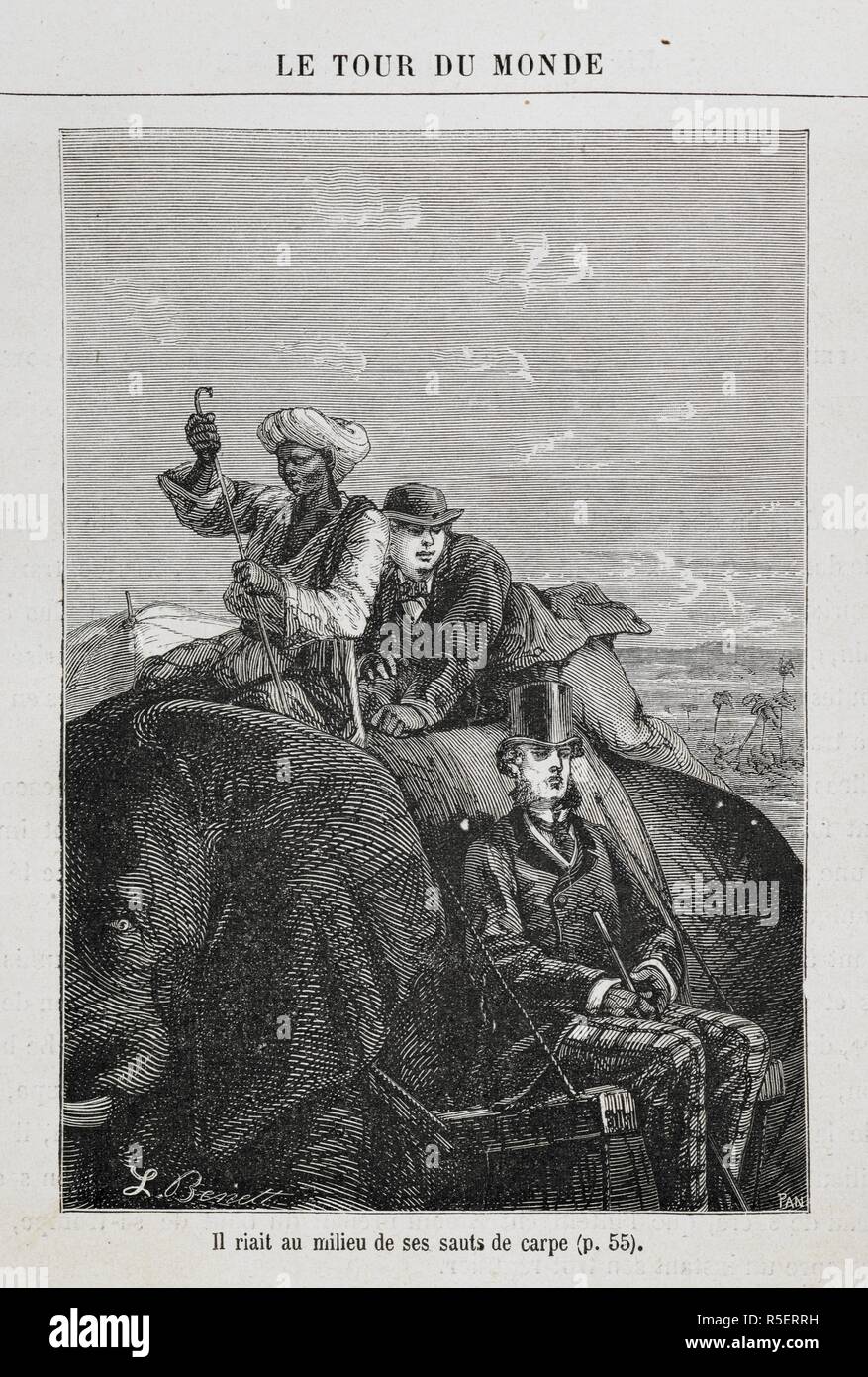 Phileas Fogg and Jean Passepartout, riding an elephant in India, with a hired guide. An illustration to 'Around the World in Eighty Days'. [Le Tour du Monde en quatre-vingts jours. [A novel.] (HuitieÌ€me eÌdition.)] [Around the World in 80 Days]. Paris, [1873]. Source: 12514.l.18 page 56. Author: VERNE, JULES. De Neuville, M. M. Stock Photo