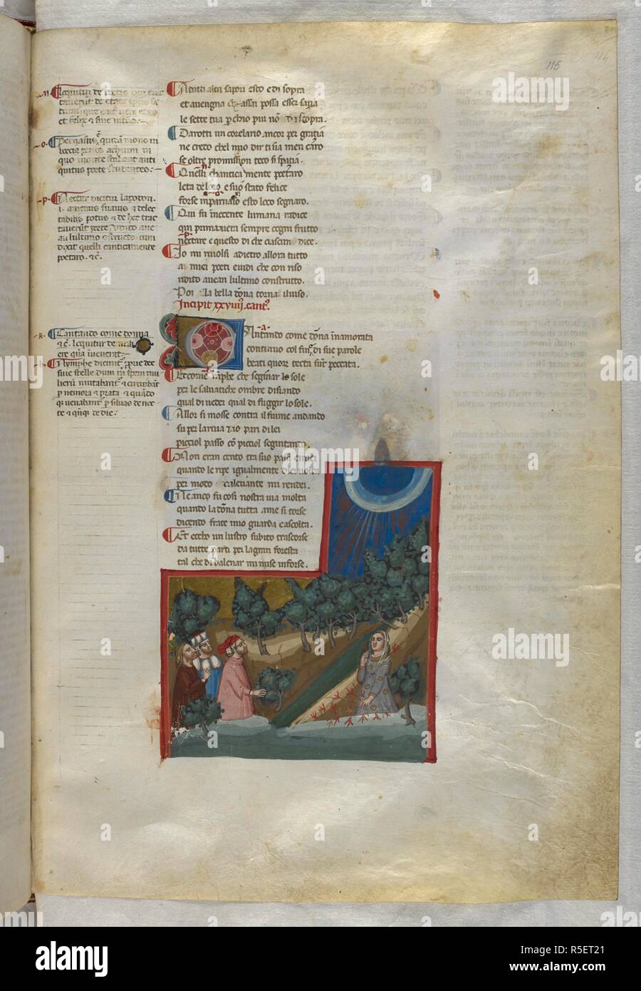 Purgatorio: They see a light shining in the sky. Dante Alighieri, Divina Commedia ( The Divine Comedy ), with a commentary in Latin. 1st half of the 14th century. Source: Egerton 943, f.115. Language: Italian, Latin. Stock Photo