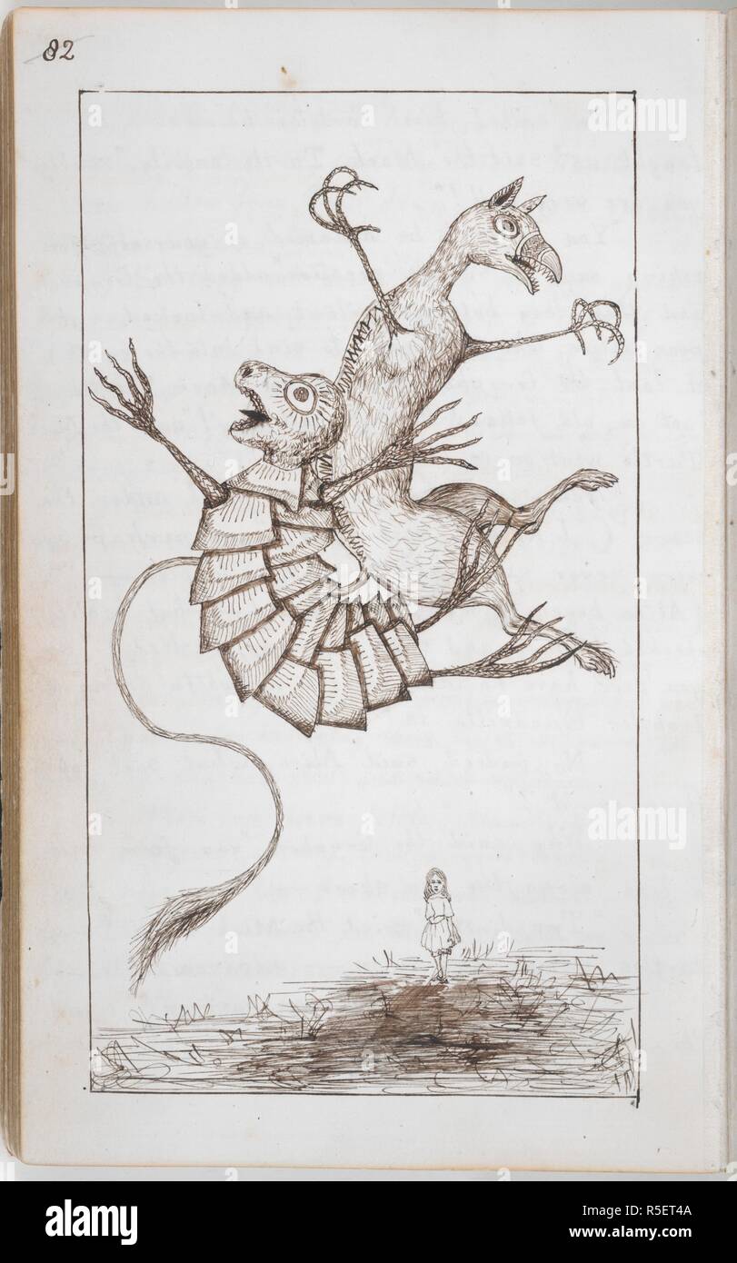 The Lobster Quadrille. Alice's Adventures Under Ground [in Wonderland]. England [Oxford]; 1862-1864. [Whole folio] Drawing from Chapter IV: The Mock Turtle and the Gryphon dance the Lobster Quadrille for Alice  Image taken from Alice's Adventures Under Ground [in Wonderland].  Originally published/produced in England [Oxford]; 1862-1864. . Source: Add. 46700, f.42v. Language: English. Author: DODGSON, CHARLES LUTWIDGE. Dodgson, Charles Lutwidge, pseud. Lewis Carroll. Stock Photo