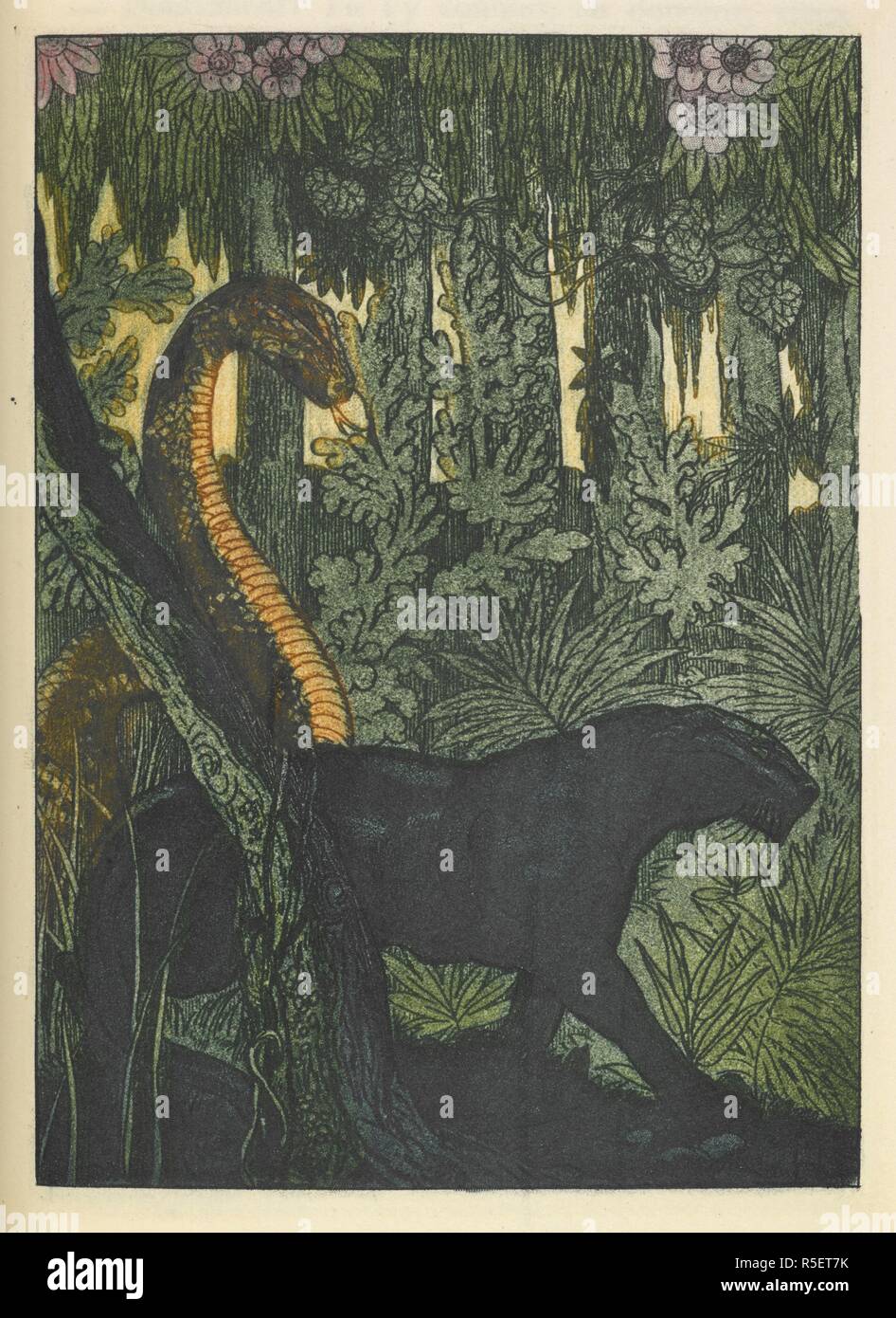 The python, Kaa and the panther, Bagheera. Le Second livre de la Jungle. Traduction de Louis Fabulet et Robert d'HumieÌ€res. Paris, [1899]. Source: File 617 plate facing page 36. Author: KIPLING, RUDYARD. Stock Photo