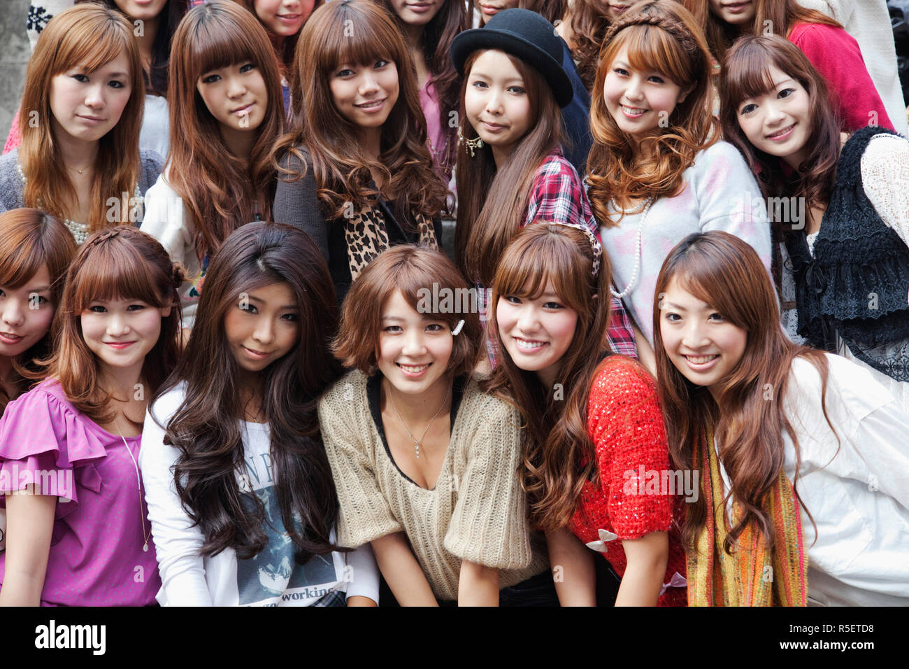 Japan, Tokyo, Harajuku, Group of Japanese Girls Stock Photo