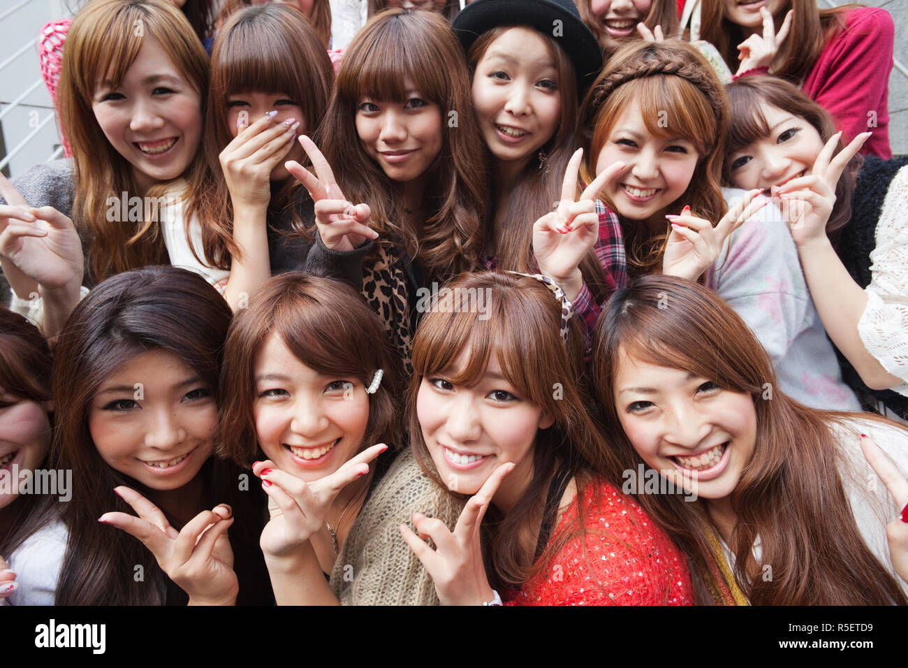 Japan, Tokyo, Harajuku, Group of Japanese Girls Stock Photo