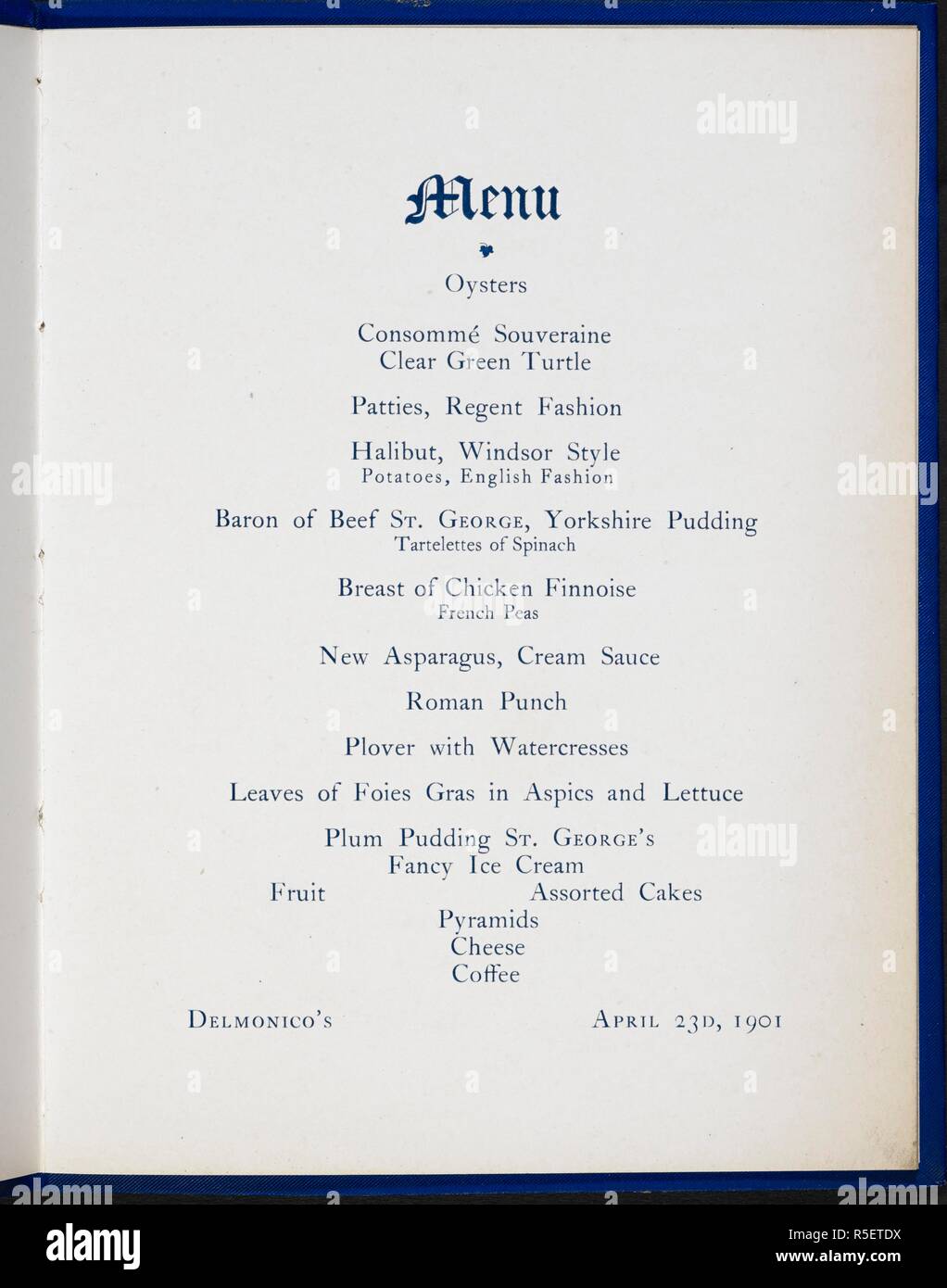 Menu for an event held by the St.George's society of New York at Delmonico's, April 23rd, 1901. A collection of menu cards of dinners and reports of celebrations in the United States of America in the years 1890-1904, formed by Miss F. E. Buttolph. Bound in three volumes. 1890-1904. See also file B20086-48. Source: C.120.f.2 volume 1, no.4. Stock Photo