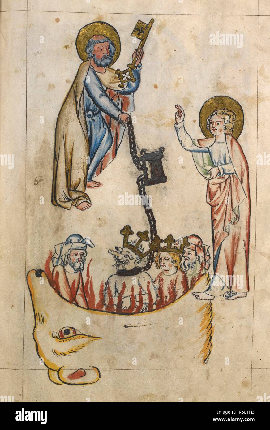 An angel holding the key of the bottomless pit and a chain attached to
